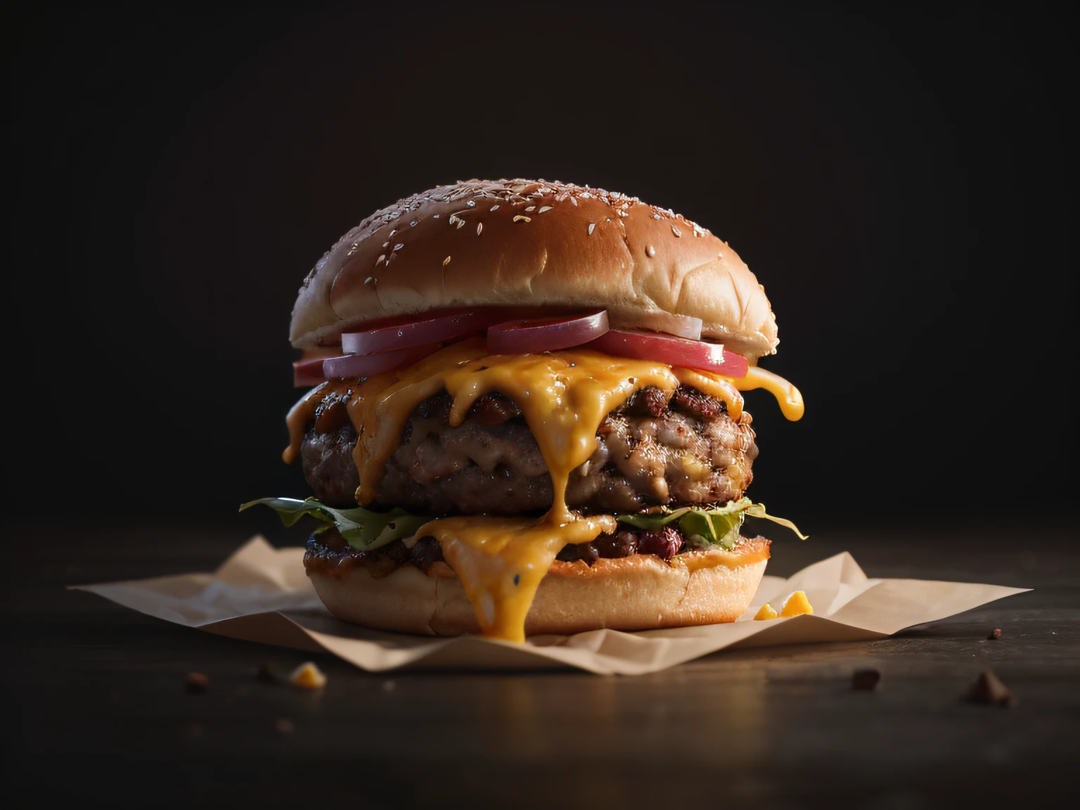 product shot of ultra realistic juicy cheeseburger against a dark background, two tone lighting, advertisement, octane, unreal, to8contrast style