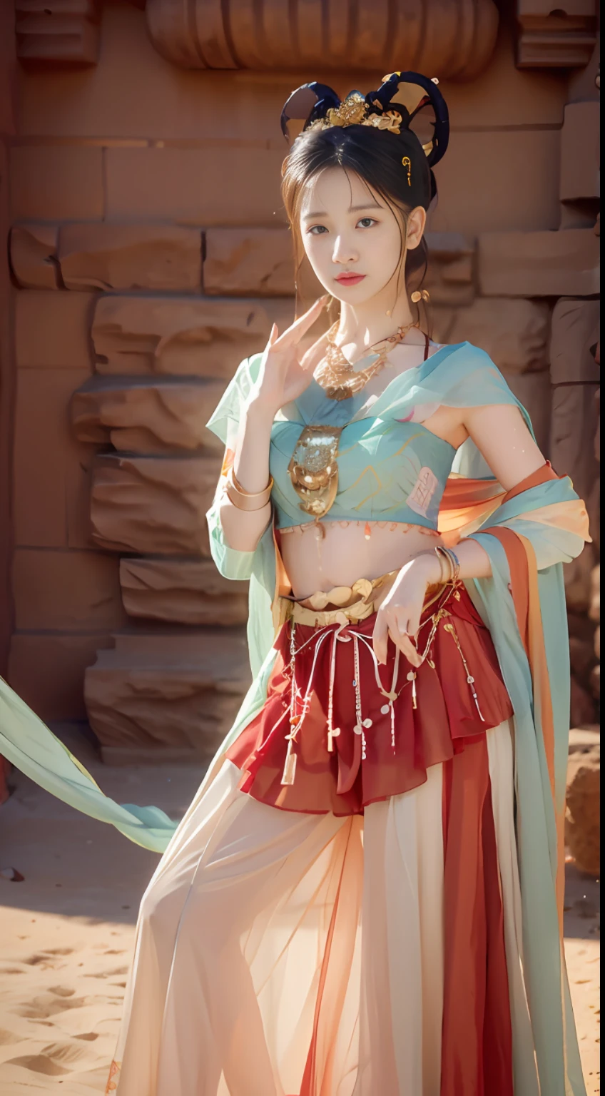 (8k, RAW photo, best quality, masterpiece:1.2), (realistic, photo-realistic:1.4), (extremely detailed CG unity 8k wallpaper), (1 girl:1.5), Western beauty, (Red clothes: 1.4), red spots on forehead, pale skin, blush, big eyes, full body, thighs, open navel, gold waist chain, gold jewelry, flying ribbons, particles, background is Loulan ancient city, ancient city wall, desert, dance, dunhuang_dress, dunhuang_style,
