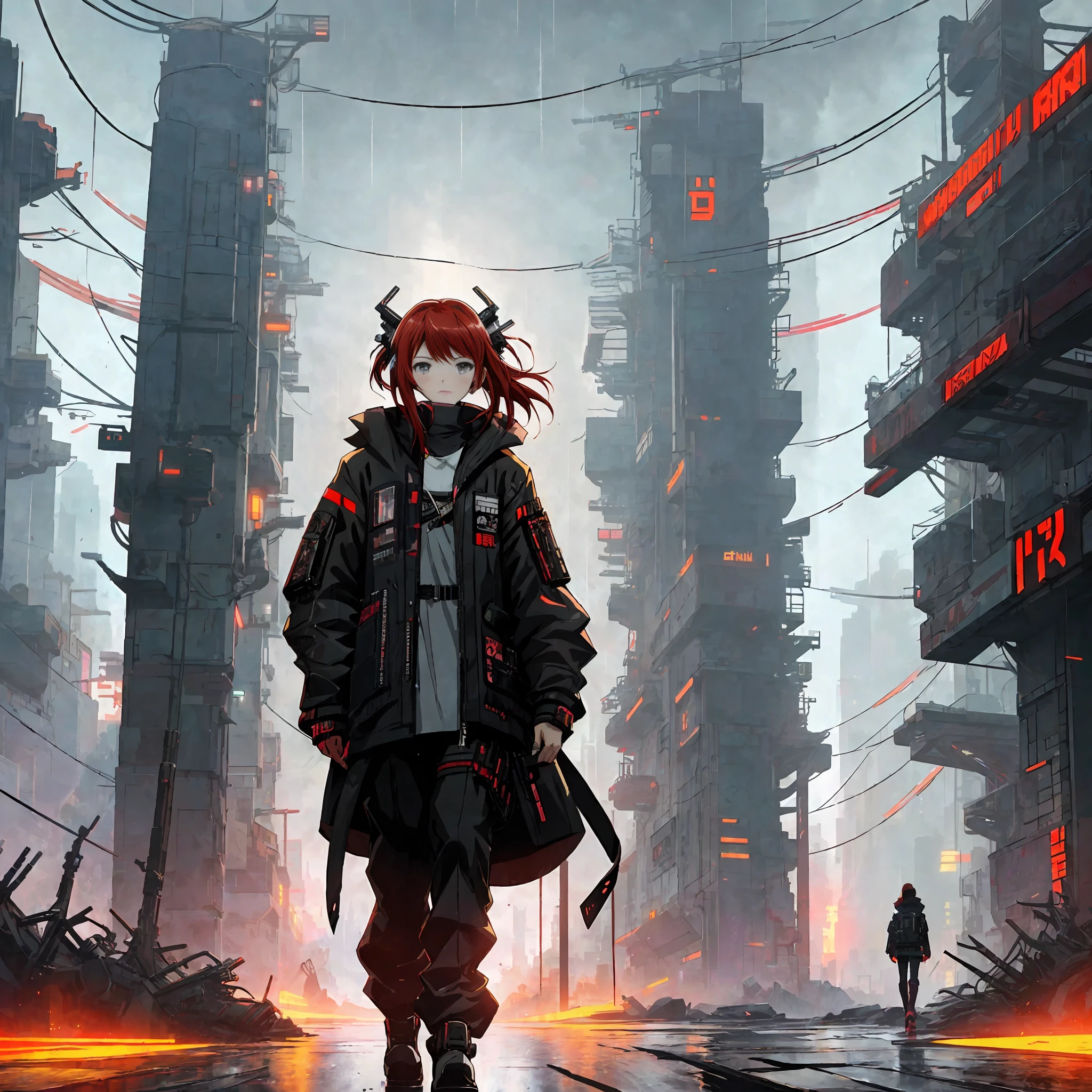 anime girl with red hair and black jacket standing in the rain, cyberpunk art inspired by Shinoda Toko, pixiv, digital art, detailed digital anime art, anime style 4 k, digital cyberpunk anime art, anime style illustration, artwork in the style of guweiz, anime art wallpaper 8 k, anime art wallpaper 4 k, anime art wallpaper 4k
