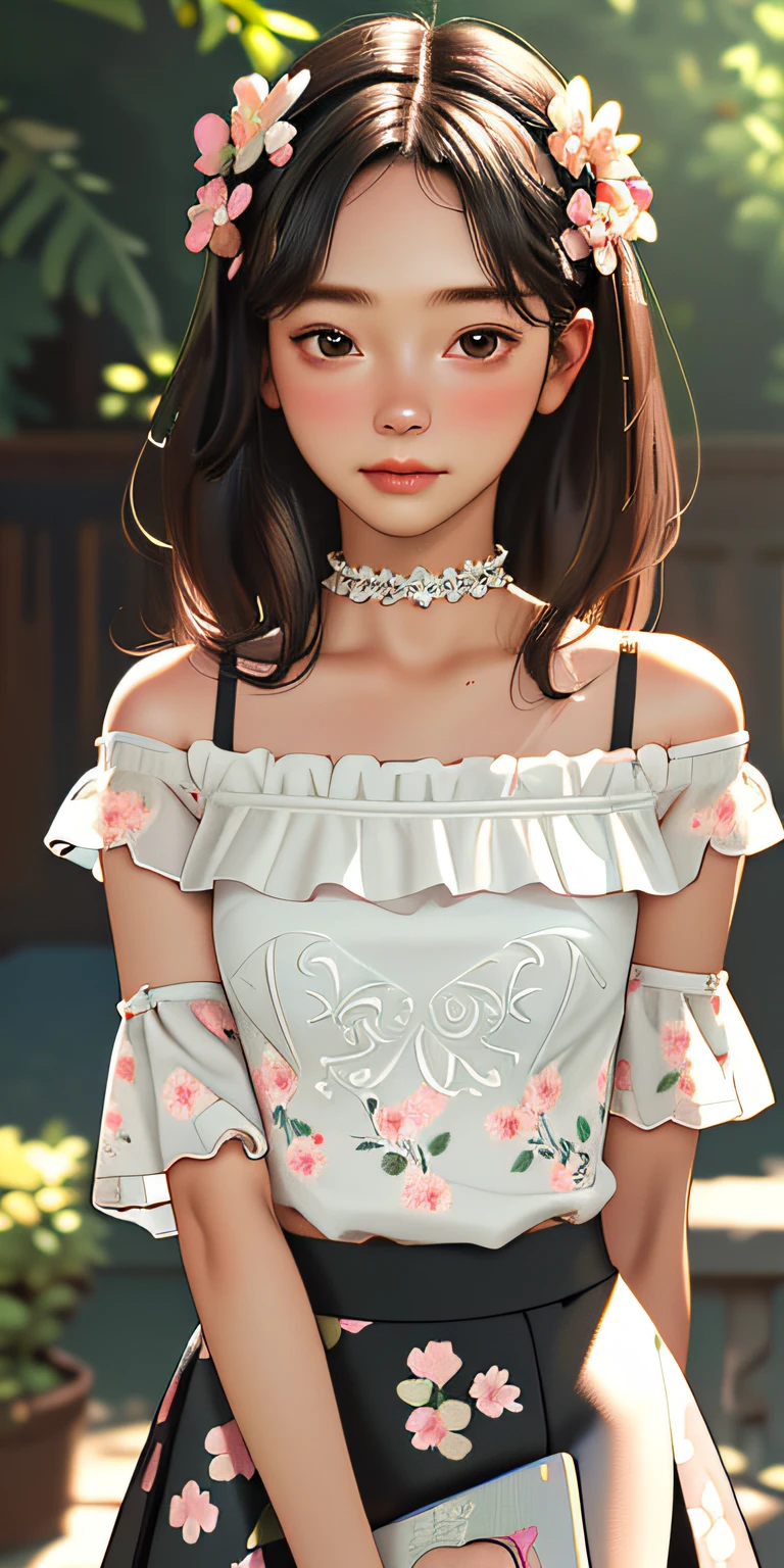 (best quality, masterpiece), 1girl, intricate details, off shoulder, skirt, choker, frills, see-through, looking at viewer, blush, upper body, blurry background, floral print, contrapposto