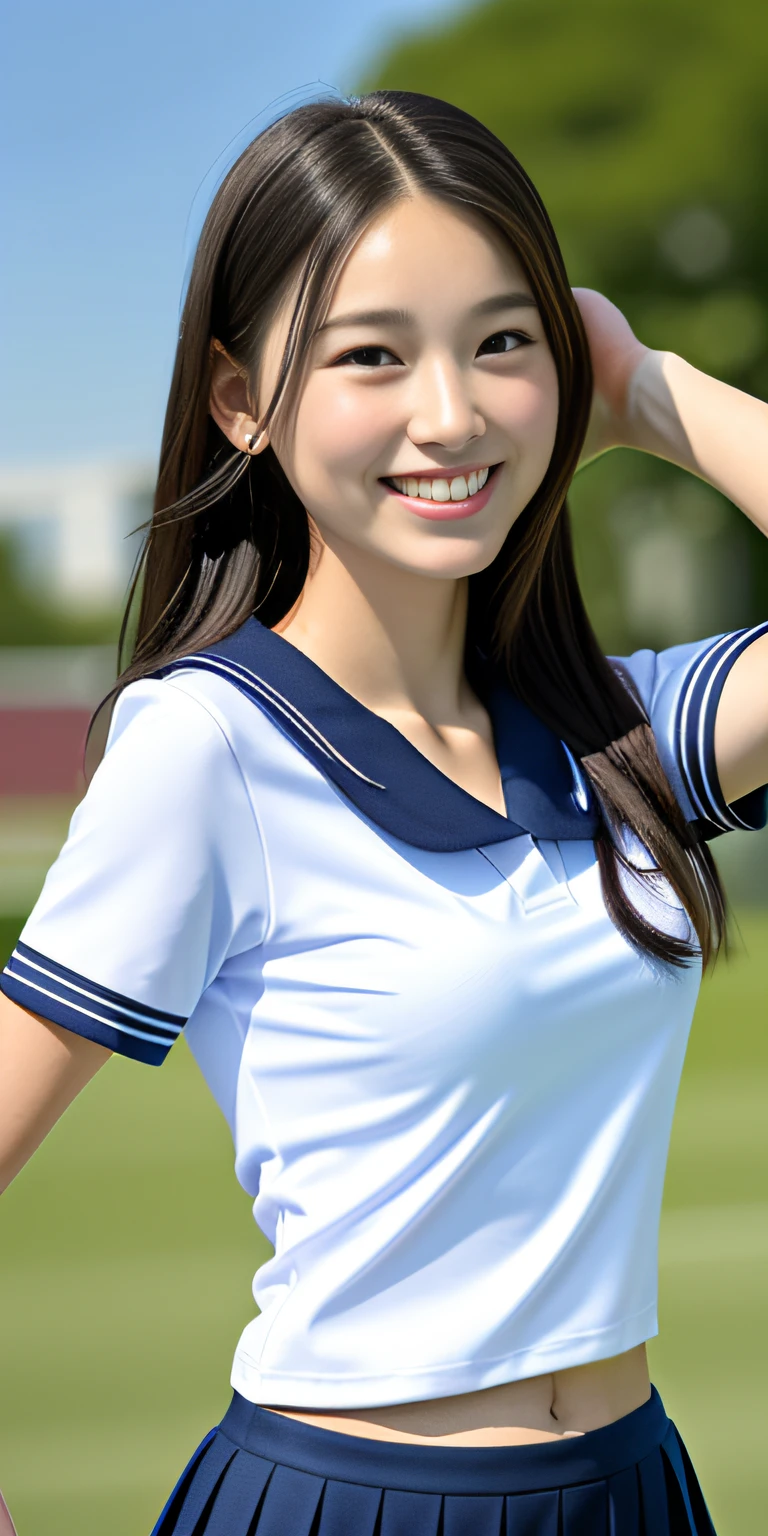 neat college girl, ite, (school uniform, summer clothes, short sleeves), outside the athletic field, (slim), photorealistic, detail, skin texture, ultra detail, delicate sexy collarbone, smile, super detailed face, detailed lips, detailed eyes, breast enhancement, waist thin
