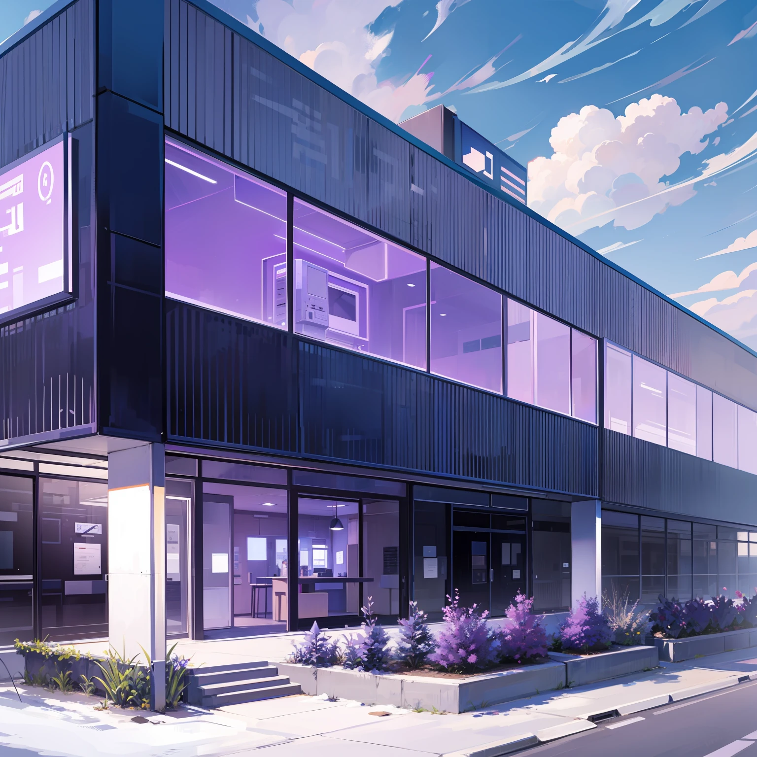 High tech school with the color scheme being purple, white and blue