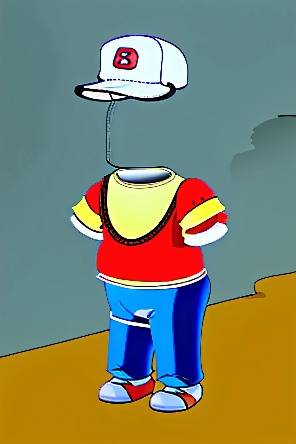 Headless Bart Simpson walking, red baseball cap, orange t-shirt, light blue shorts, light blue shoes