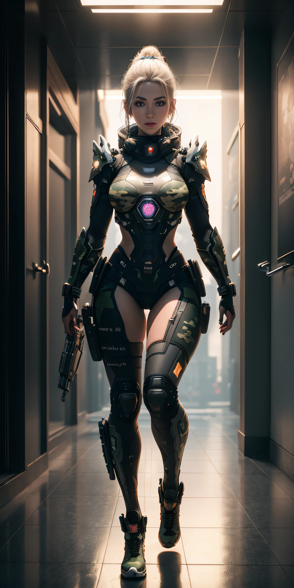 ((Best Quality)), ((Masterpiece)), (Highly Detailed: 1.3), 3D, Beautiful (Cyberpunk:1.2) Special Forces, Robort, African with Thick Voluminous Hair Wearing (Wearing camouflage_uniform: 1.1), Body Armor, Cover, Digital (Camouflage: 1.3), HDR (High Dynamic Range), Ray Tracing, NVIDIA RTX, Super-Resolution, Unreal 5, Subsurface Scattering, PBR Textururing, Post-Processing, Anisotropic Filtering, Depth of Field, Maximum Clarity and Sharpness, Multi-Layer Textures, Albedo and specular maps, Surface shading, accurate simulation of light-material interaction, perfect proportions, Octane Render, two-tone lighting, wide aperture, low ISO, white balance, rule of thirds, 8K RAW, efficient sub-pixel, sub-pixel convolution,