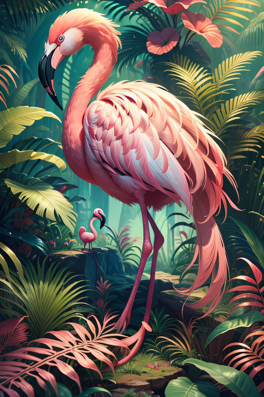 there is a flamingo standing in the middle of a jungle, flamingo, 8k high quality detailed art, beautiful digital artwork, 4k highly detailed digital art, beautiful art uhd 4 k, rare bird in the jungle, 8k stunning artwork, background artwork, 3d digital art 4k, 4k detailed digital art, digital art animal photo