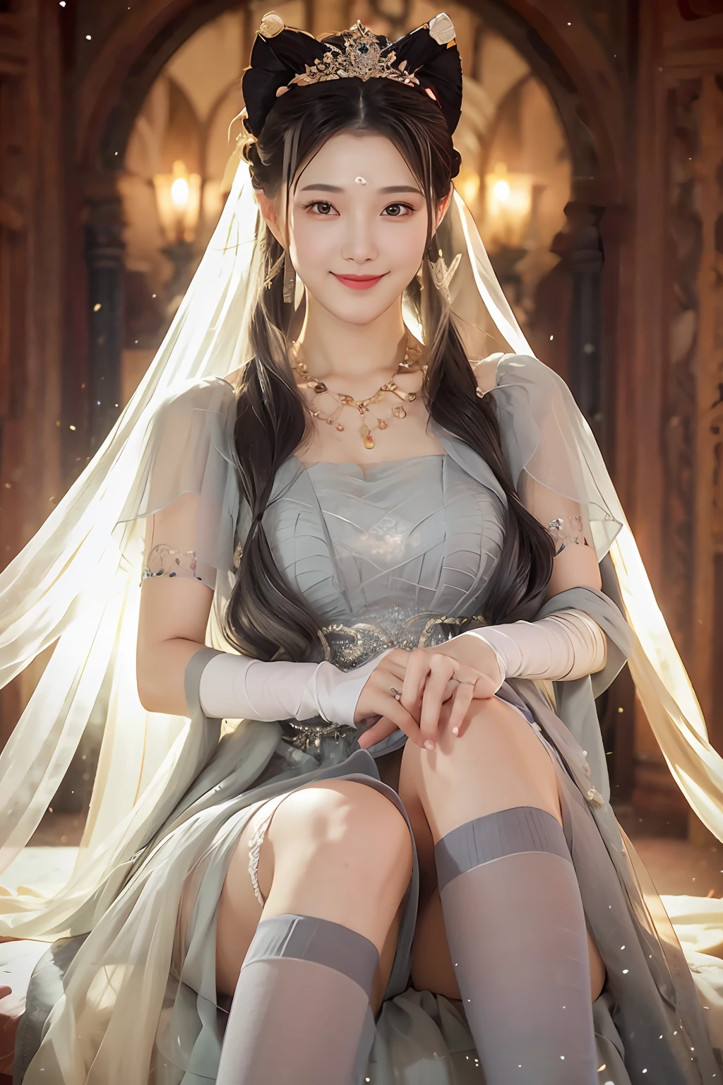 Master works, 8k resolution, princess, V-shaped eyebrows, smile, long hair, gray hair, veil, dress, over-the-knee socks