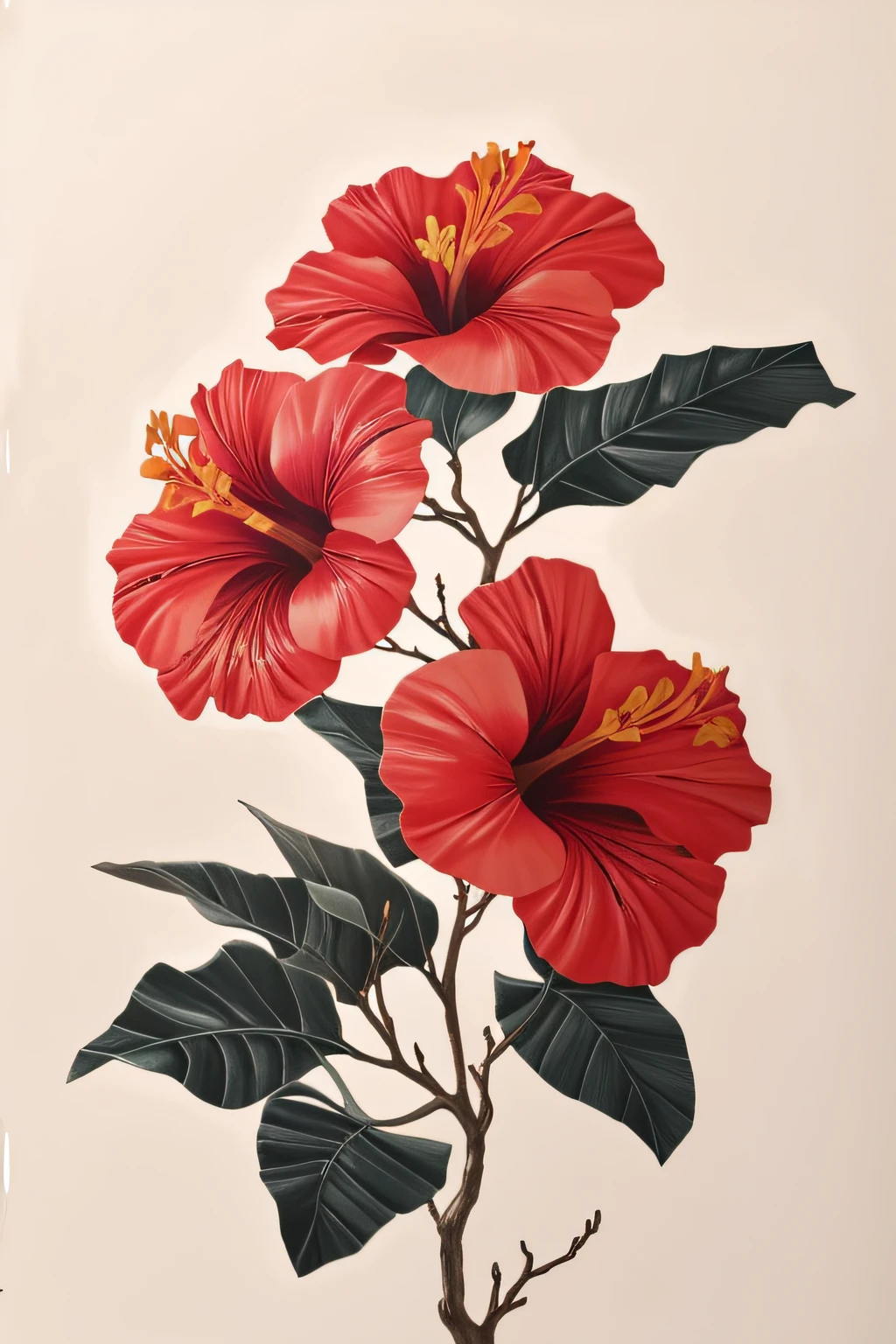 Hibiscus flower blooming on a twisted branch against a white background, detailed background flowers, modern-style colors, minimalist images, photographic installations, paleocore, hyper-realistic poetic intimacy, centralized, detailed painting style