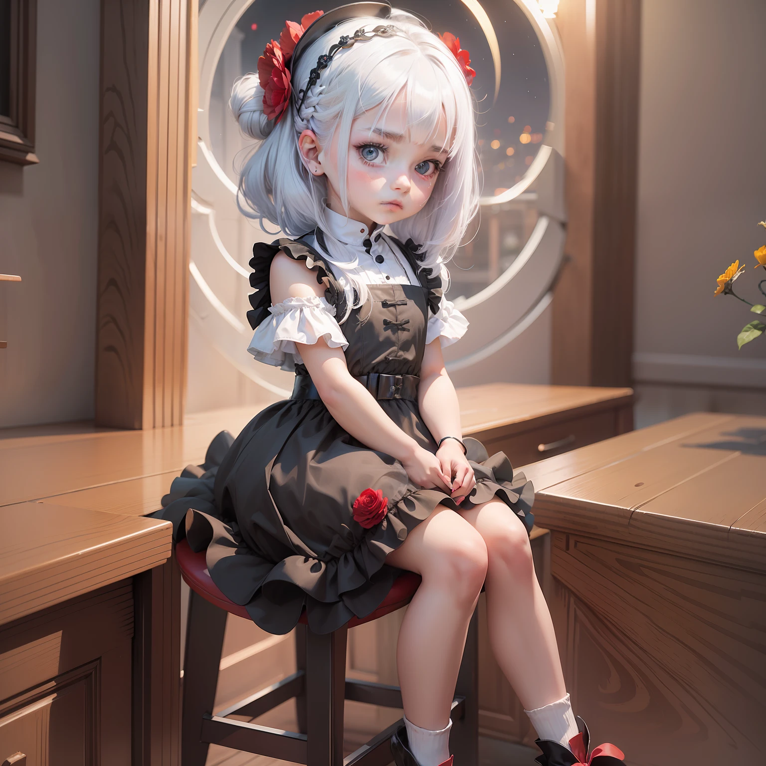 girl with platinum hair, appearance of 4 years old, child, black dresses, red flower on her head, sitting on a stool, at night