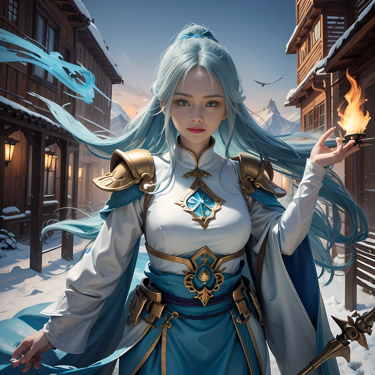 Drawing the sword of the snow mountain, the sword with the cold ice flame of the ancient style woman, holding the blue flame burning sword, white clothes dancing sword in the snow long hair flowing, holding a silver long sword beautiful woman, wearing jade jewelry, her face is full of confident smile, she is suspended in the clouds like a fairy, behind her is a layer of mountain peaks, 8k --auto --s2