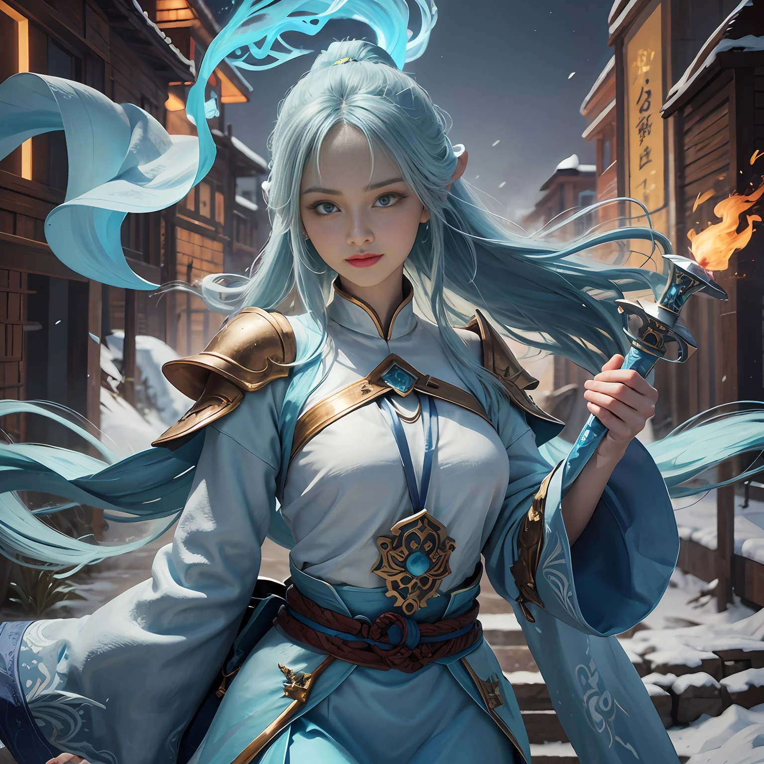 Drawing the sword of the snow mountain, the sword with the cold ice flame of the ancient style woman, holding the blue flame burning sword, white clothes dancing sword in the snow long hair flowing, holding a silver long sword beautiful woman, wearing jade jewelry, her face is full of confident smile, she is suspended in the clouds like a fairy, behind her is a layer of mountain peaks, 8k --auto --s2