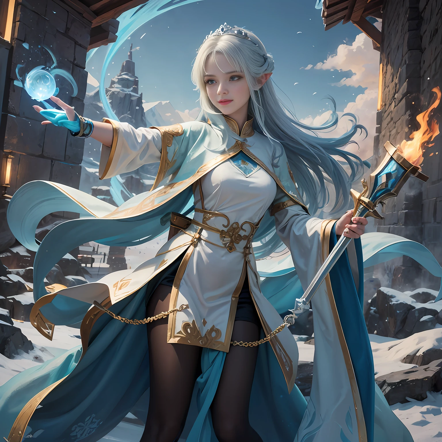 Drawing the sword of the snow mountain, the sword with the cold ice flame of the ancient style woman, holding the blue flame burning sword, white clothes dancing sword in the snow long hair flowing, holding a silver long sword beautiful woman, wearing jade jewelry, her face is full of confident smile, she is suspended in the clouds like a fairy, behind her is a layer of mountain peaks, 8k --auto --s2