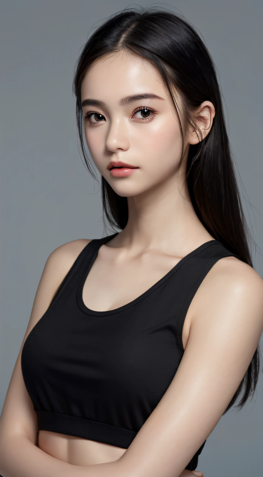 ((Best Quality, 8k, Masterpiece: 1.3)), Full Body, Focus Clear: 1.2, Outstanding Style: 1.4, Slender Abs: 1.2, ((Black Hair, Big: 1.2)), Black Tank Top, Highly Detailed Face and Skin Texture, Detailed Eyes, Double Eyelids