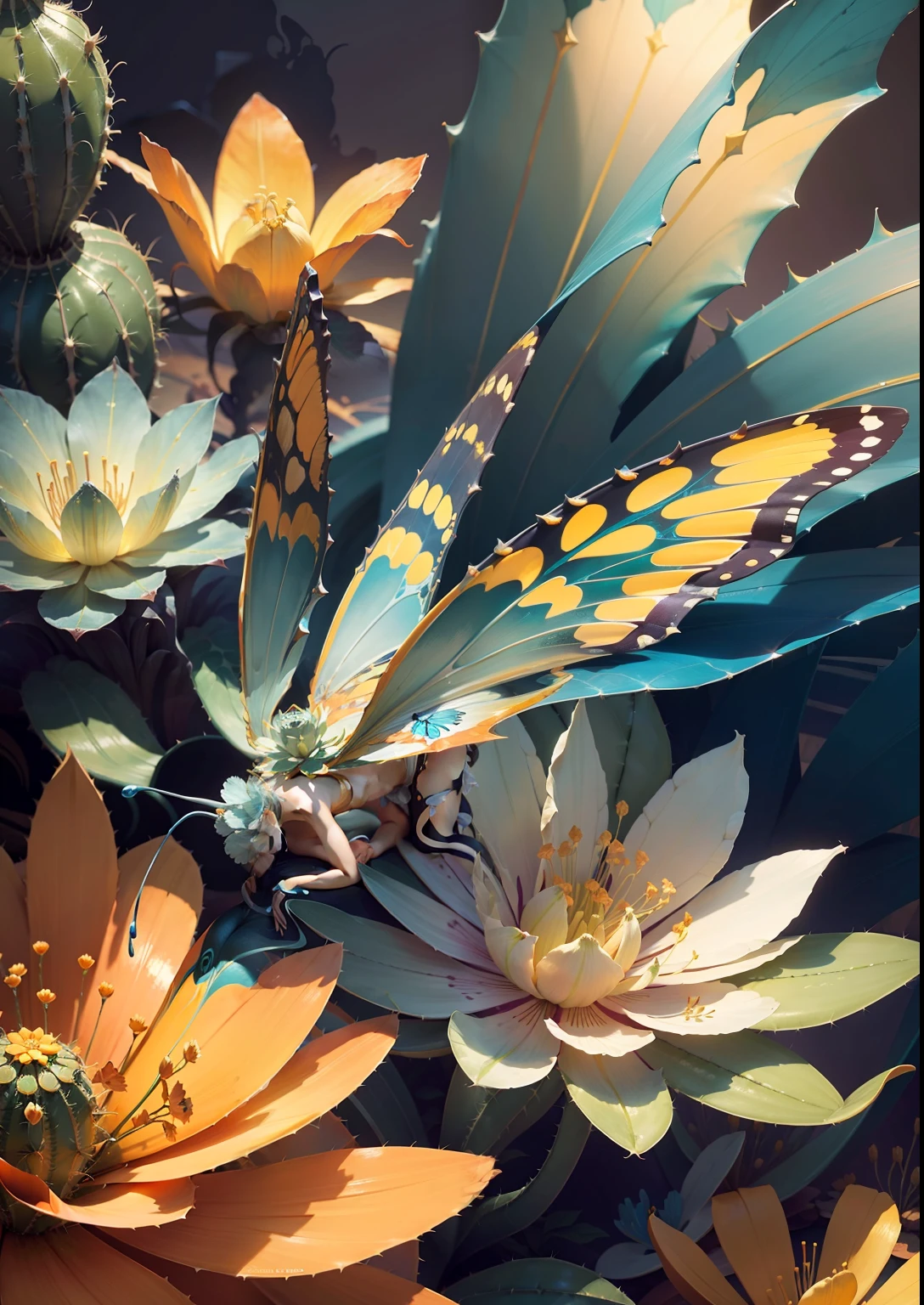 wallpapers cactus flower butterfly, in the style of dynamic and dramatic compositions, dark aquamarine and orange, john pitre, light silver and gold, colorful curves, i can't believe how beautiful this is, dark gray and blue