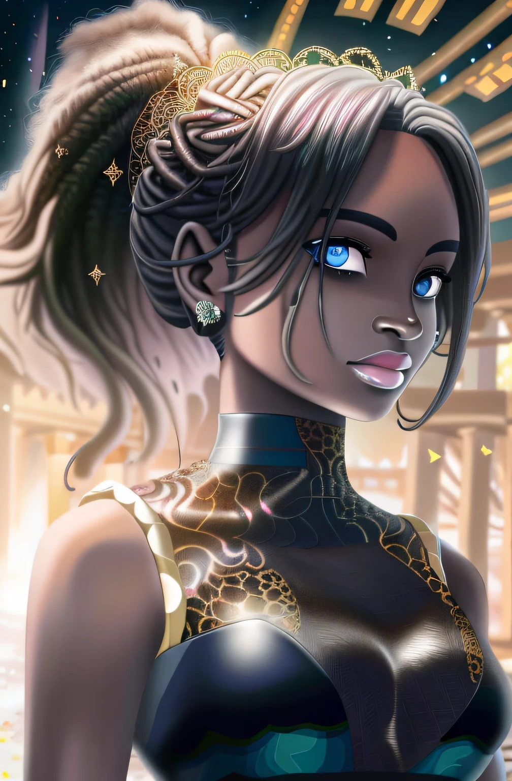 Afro-textured hair, african goddess, sparkling eyes, heterochromia eyes, dark skin