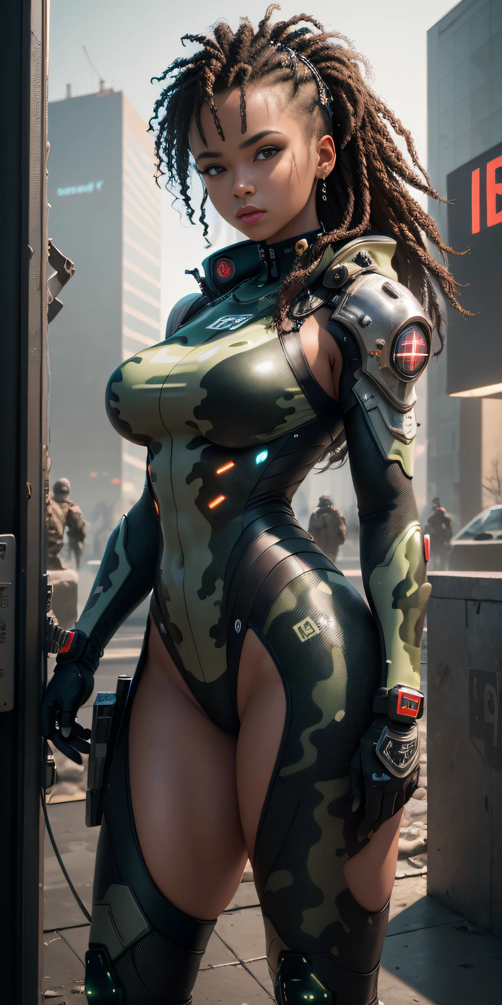 ((Best Quality)), ((Masterpiece)), (Highly Detailed: 1.3), 3D, Beautiful (Cyberpunk:1.2) Special Forces, Robort, ((African Girl with Thick Voluminous Hair Wearing Camouflage Uniform: 1.1)), Body Armor, Cover, Digital (Camouflage: 1.3), HDR (High Dynamic Range), Ray Tracing, NVIDIA RTX, Super-Resolution, Unreal 5, Subsurface Scattering, PBR Textururing, Post-processing, Anisotropic Filtering, Depth of Field, Maximum Clarity and Sharpness,  multilayer textures, Albedo and specular maps, Surface shading, accurate simulation of light-material interaction, perfect proportions, Octane Render, two-tone lighting, wide aperture, low ISO, white balance, rule of thirds, 8K RAW, efficient sub-pixel, sub-pixel convolution,