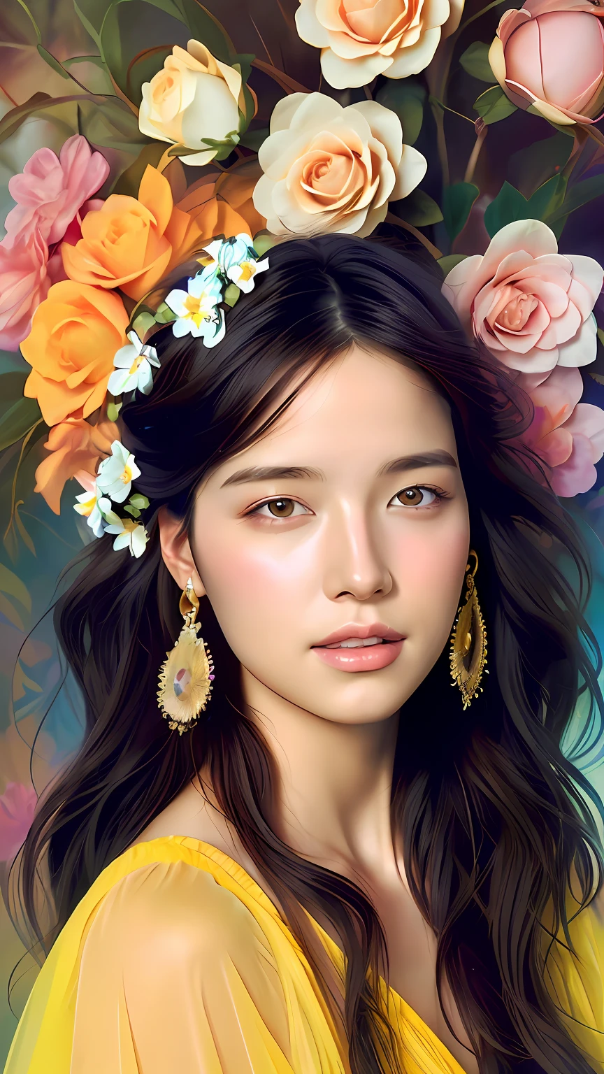 (photorealistic:1.2) there is a woman with a flower in her hair, jen bartel, alphonse mucha and rossdraws, martin ansin artwork portrait, stunning art style, alphonse mucha and alena aenami, martin ansin,