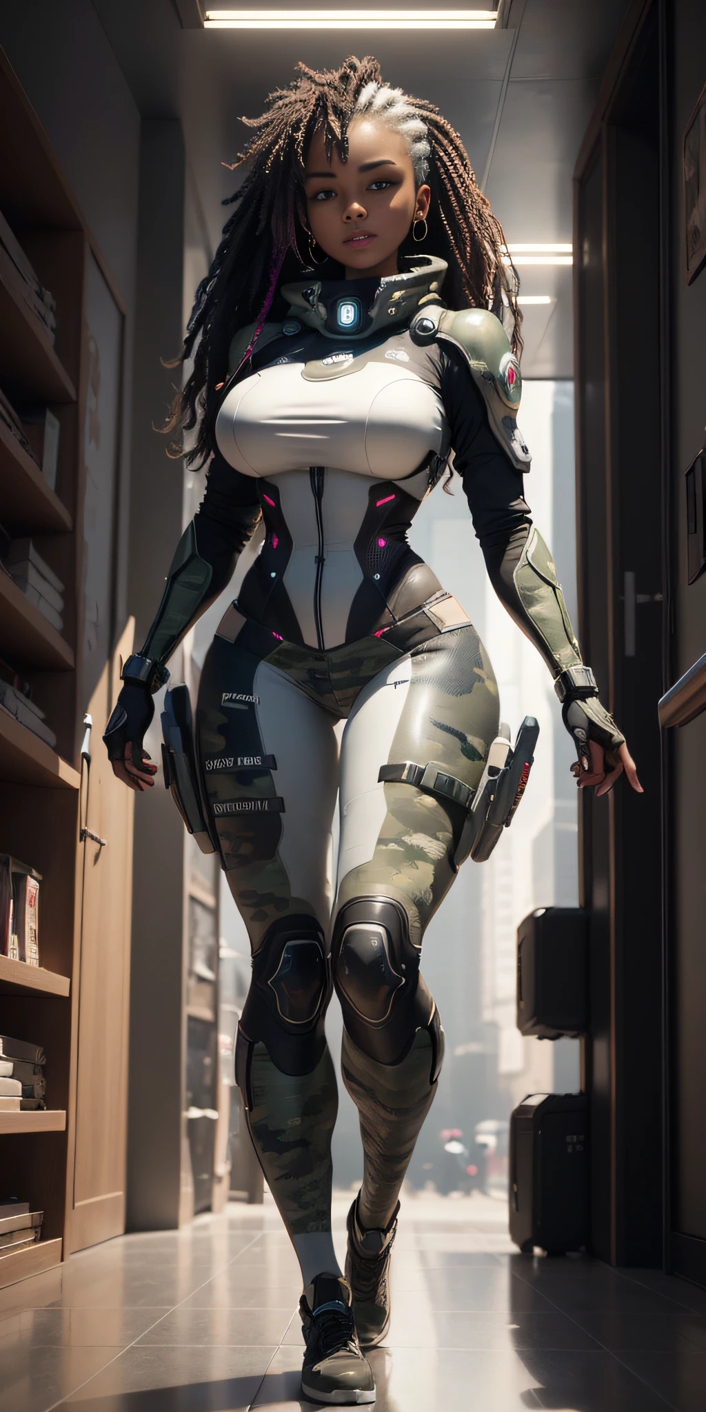 ((Best Quality)), ((Masterpiece)), (Highly Detailed: 1.3), 3D, Beautiful (Cyberpunk:1.2) Special Forces, Robort, ((African Girl with Thick Voluminous Hair Wearing Camouflage Uniform: 1.1)), Body Armor, Cover, Digital (Camouflage: 1.3), HDR (High Dynamic Range), Ray Tracing, NVIDIA RTX, Super-Resolution, Unreal 5, Subsurface Scattering, PBR Textururing, Post-processing, Anisotropic Filtering, Depth of Field, Maximum Clarity and Sharpness, multilayer textures, Albedo and specular maps, Surface shading, accurate simulation of light-material interaction, perfect proportions, Octane Render, two-tone lighting, wide aperture, low ISO, white balance, rule of thirds, 8K RAW, efficient sub-pixel, sub-pixel convolution,