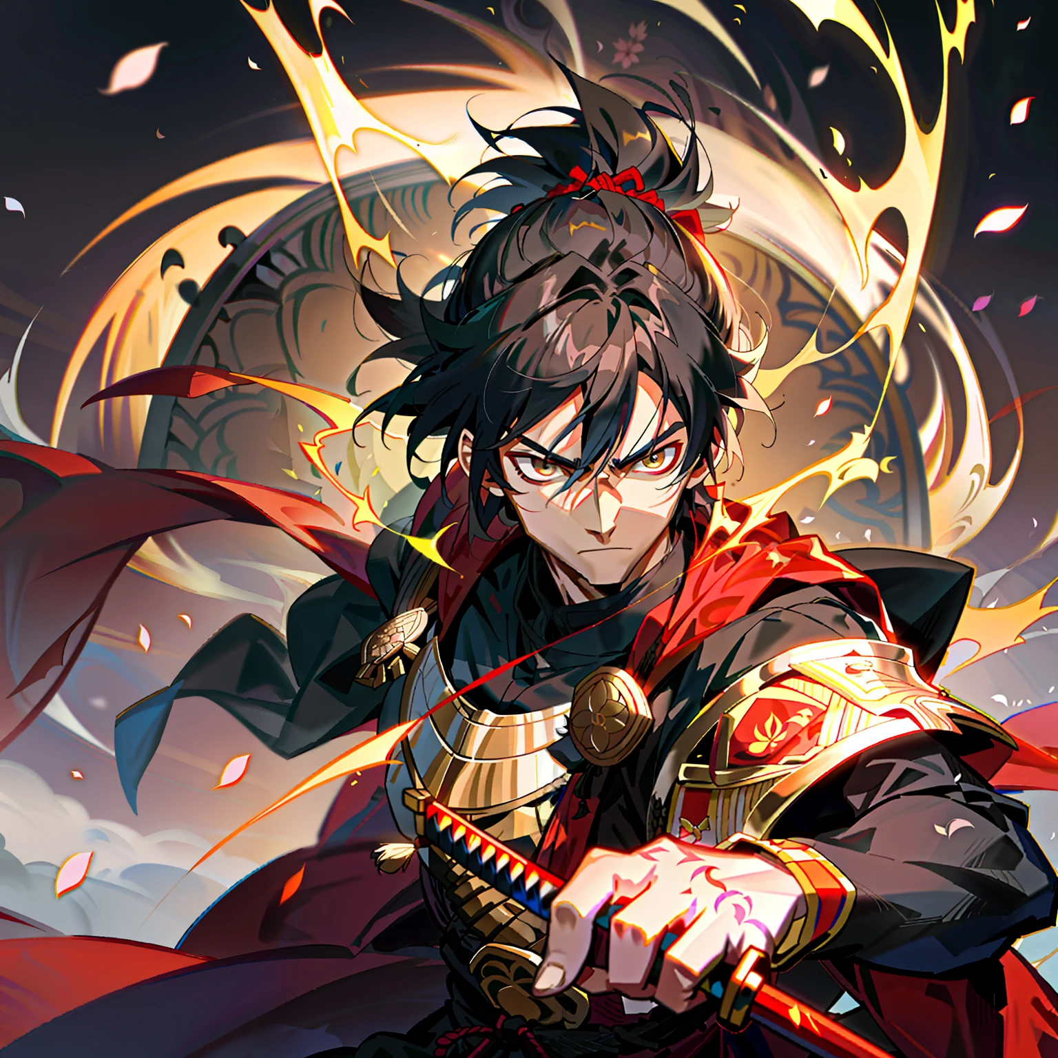 Arash, the Swordsman of the Thousand Armies
Based on: The historical figure of Miyamoto Musashi.
Physical Characteristics and Dress: Arash is a haughty warrior with black hair tied in a bun. He wears elegant samurai armor and a red cape with gold embroidery. In his hands, he wields two twin swords, bright and sharp as the full moon.
Powers: Arash is a master of martial arts, with an unparalleled skill in combat. He possesses extraordinary dexterity and is able to perform fast and precise movements. In addition, he possesses a keen perception and can anticipate the movements of his opponents. His inner strength and concentration are so intense that he can manifest the energy of his swords in powerful blows.
Setting: Arash lives in feudal Japan, where honor and the samurai code are the foundation of his society. Its environment consists of lush landscapes, with fields of cherry blossoms and majestic temples. He is a lone ronin, traveling from place to place, protecting the defenseless and challenging the most skilled opponents. Dynamic pose, ultra detailed, 8K, 4K, high resolution, perfectly drawn, extremely detailed, animated pose, cinematic light, cinematic shadow, perfectly drawn hands, detailed face, detailed background, rich background image of details.