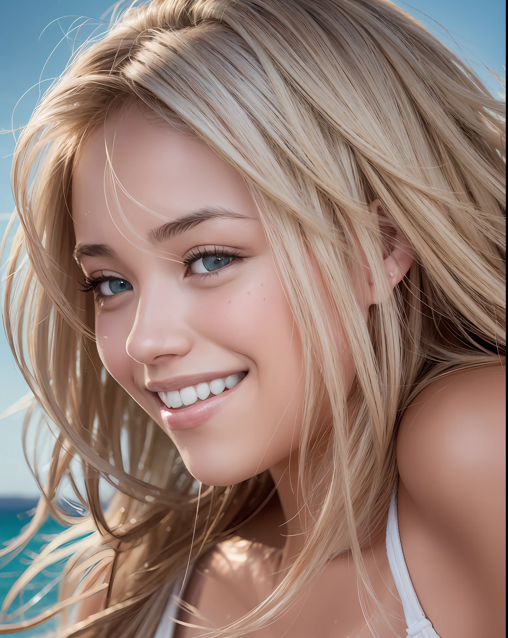 [link head portrait] headshot portrait, stunningly beautiful young female surf type, laughing, natural, front view, extreme detailed and texture skin, morning vibe, Canon 5D Mark IV 85mm