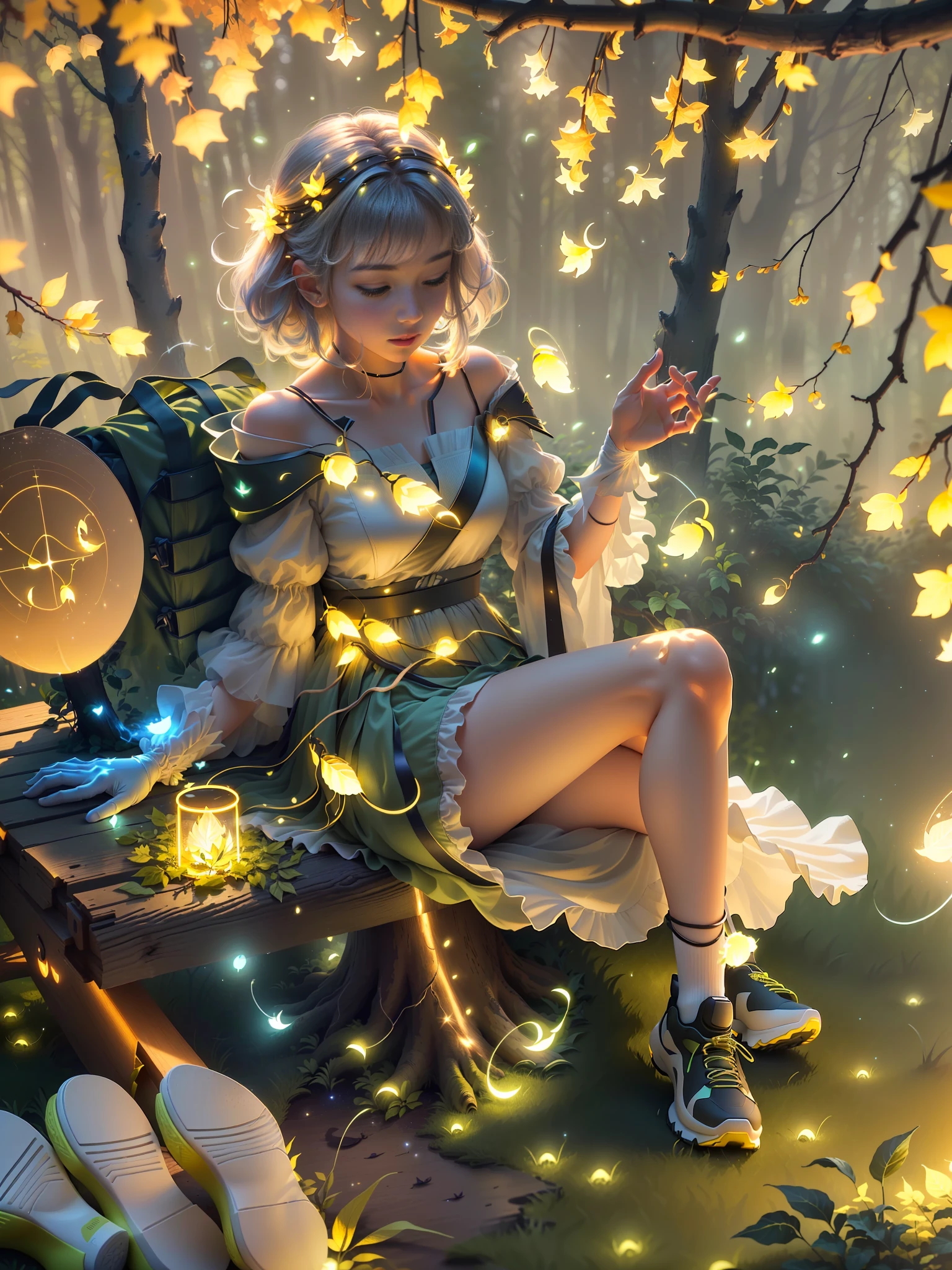 Masterpiece, best quality, (ultra-fine CG unity 8k wallpaper), (best quality), (best shadow), UI interface framework design with natural elements of the forest theme. Surrounded by delicate leaves and branches, there are also fireflies and glowing particle effects, moon, (UI interface box design), white gauze gloves, shoes, (natural elements), (forest theme), (circle), (leaves), (branches), (fireflies), (glow), (particle effects). , isometric 3d, octane rendering, ray tracing, super detailed