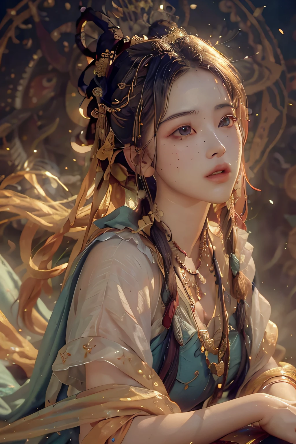 (RAW photo, best quality), (realistic, photo-realistic:1.3),best quality,highly detailed,masterpiece,ultra-detailed,illustration,1girl,upper_body,dynamic angle,world masterpiece theater,messy_long_hair,best quality,extremely detailed CG unity 8k wallpaper,ink,Amazing,cinematic lighting,lens_flare,,dunhuang_style