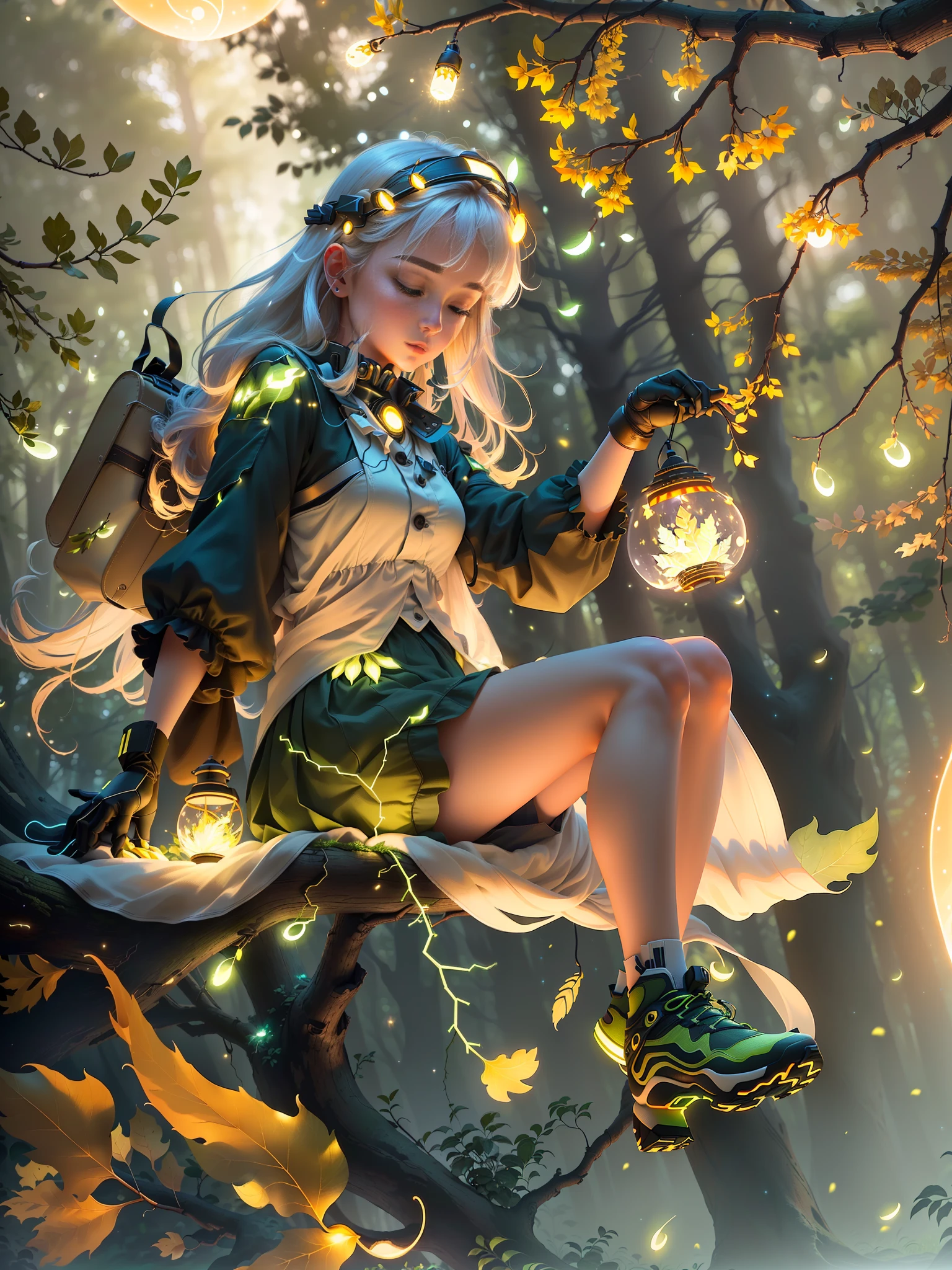 Masterpiece, best quality, (ultra-fine CG unity 8k wallpaper), (best quality), (best shadow), UI interface framework design with natural elements of the forest theme. Surrounded by delicate leaves and branches, there are also fireflies and glowing particle effects, moon, (UI interface box design), white gauze gloves, shoes, (natural elements), (forest theme), (circle), (leaves), (branches), (fireflies), (glow), (particle effects). , isometric 3d, octane rendering, ray tracing, super detailed