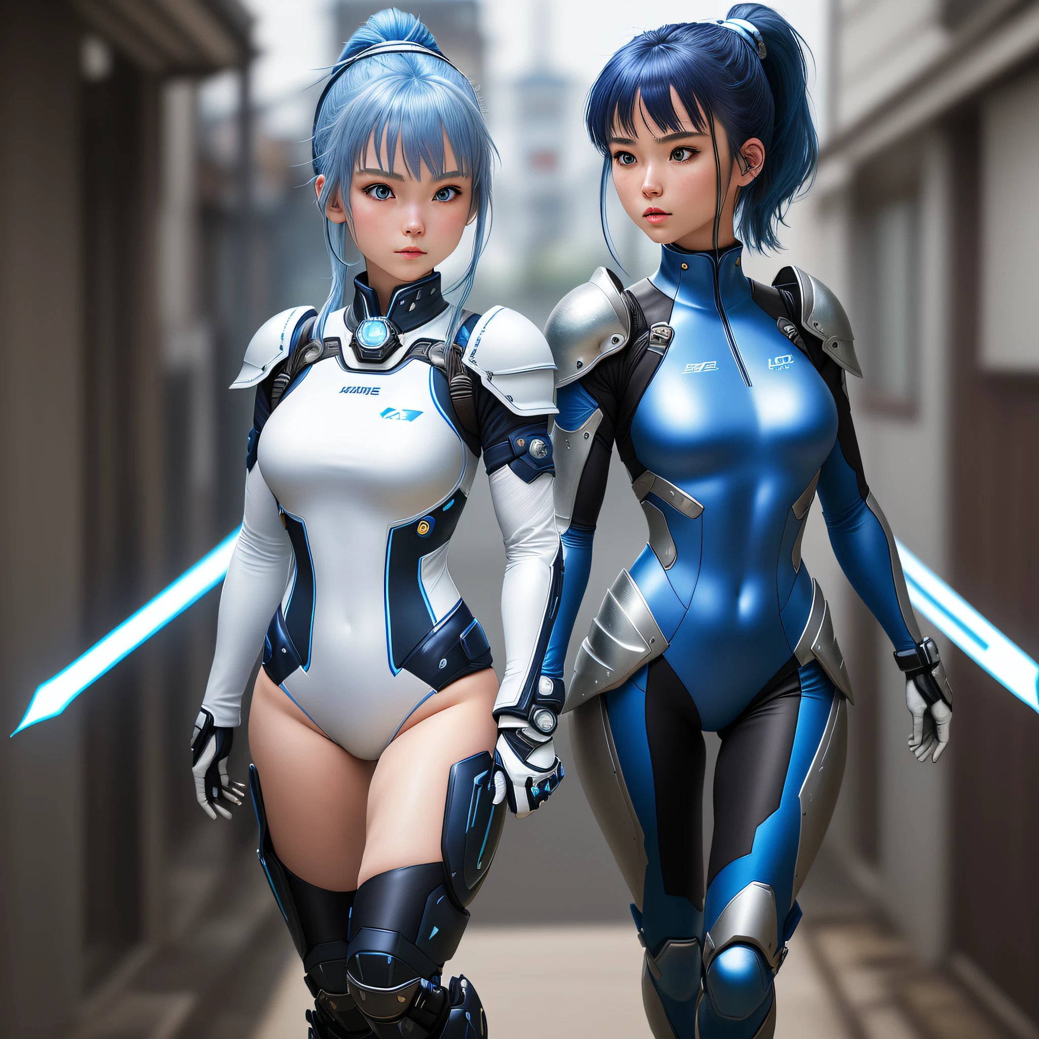 (masterpiece, highest quality, highest resolution, distinct_image, detailed details): (Solo, 1 girl, Japan face, blue haired girl, full body figure, footwear, small size breasts, sparkling blue color eyes, white and blue, black color pilot suit, tight fit clothes, clothes covering the whole body, beauty, slim body, exoskeleton, dynamic pose, headset, White and blue metal armor, ponytail, absurdity, with futuristic weapons, heroine)