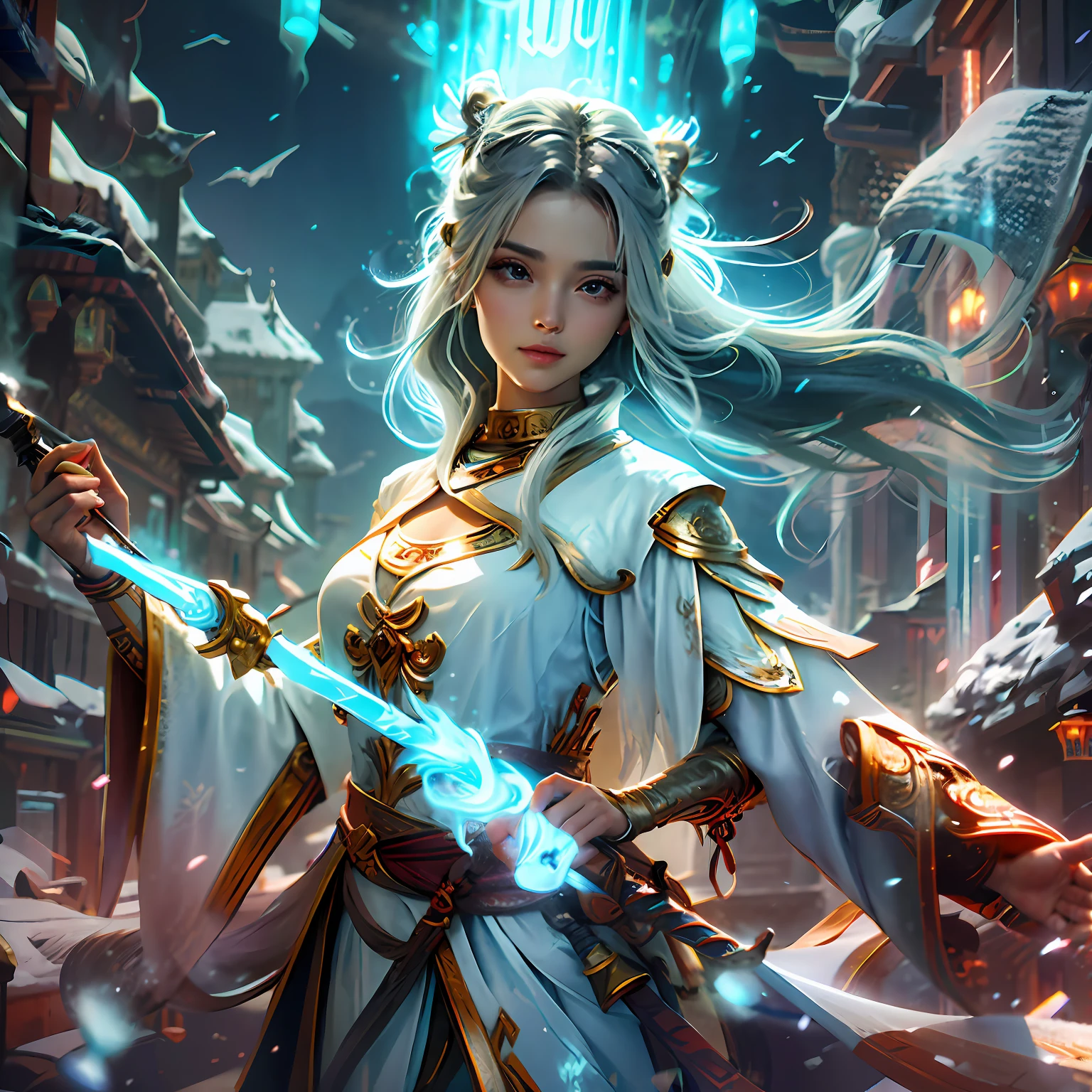 Drawing the sword of the snow mountain, the sword with the cold ice flame of the ancient style woman, holding the blue flame burning sword, white clothes dancing sword in the snow long hair flowing, holding a silver long sword beautiful woman, wearing jade jewelry, her face is full of confident smiles, she is suspended in the clouds like a fairy, behind her is a layer of mountains --auto --s2