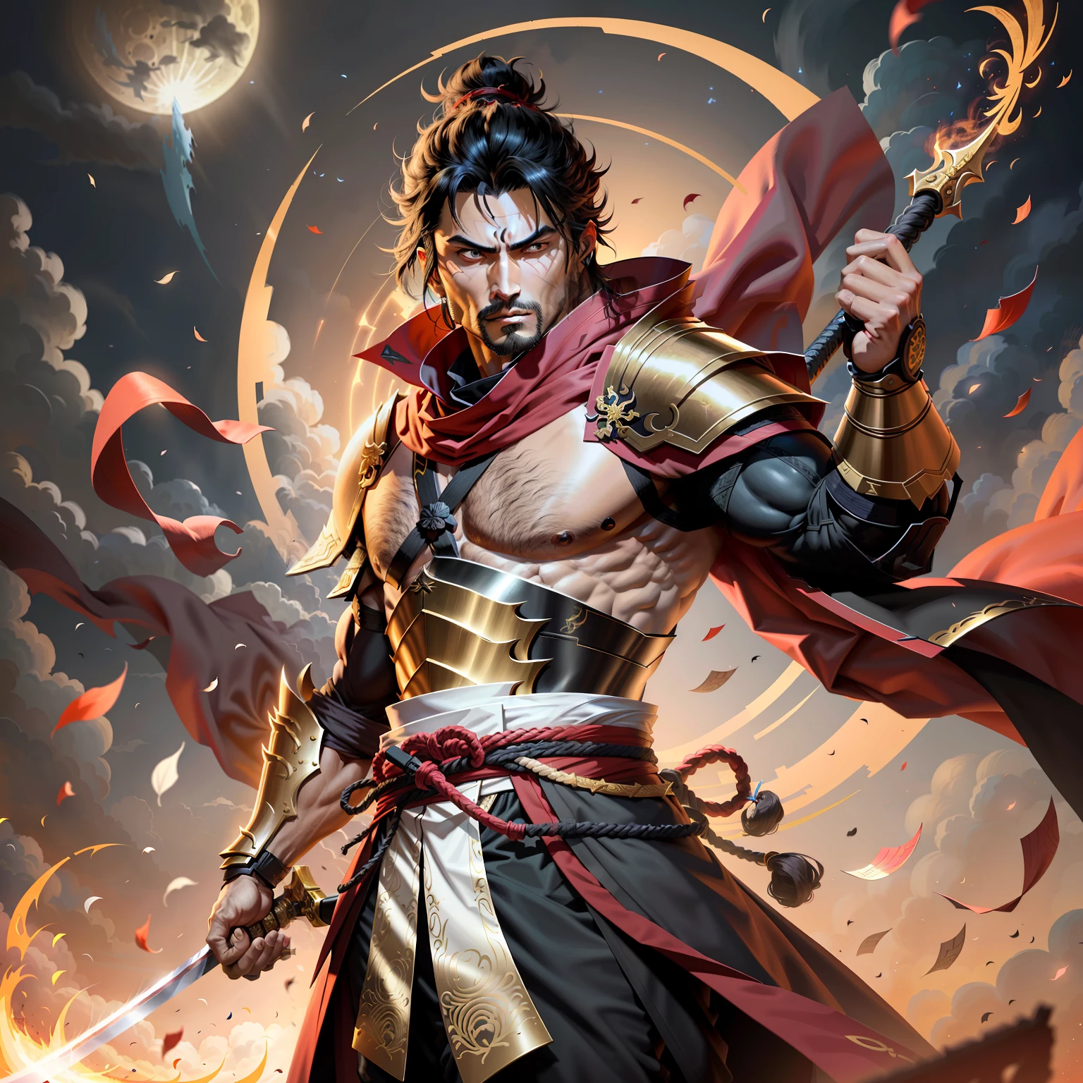 Arash, the Swordsman of the Thousand Armies
Based on: The historical figure of Miyamoto Musashi.
Physical Characteristics and Dress: Arash is a haughty warrior with black hair tied in a bun. He wears elegant samurai armor and a red cape with gold embroidery. In his hands, he wields two twin swords, bright and sharp as the full moon.
Powers: Arash is a master of martial arts, with an unparalleled skill in combat. He possesses extraordinary dexterity and is able to perform fast and precise movements. In addition, he possesses a keen perception and can anticipate the movements of his opponents. His inner strength and concentration are so intense that he can manifest the energy of his swords in powerful blows.
Setting: Arash lives in feudal Japan, where honor and the samurai code are the foundation of his society. Its environment consists of lush landscapes, with fields of cherry blossoms and majestic temples. He is a lone ronin, traveling from place to place, protecting the defenseless and challenging the most skilled opponents. Dynamic pose, ultra detailed, 8K, 4K, high resolution, perfectly drawn, extremely detailed, animated pose, cinematic light, cinematic shadow, perfectly drawn hands, detailed face, detailed background, rich background image of details.
