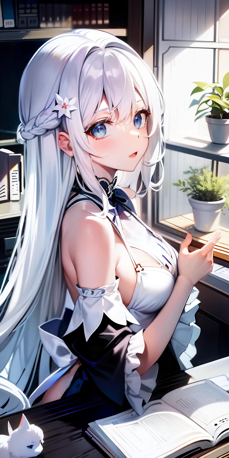 Anime goddess, white hair, 1 girl, blue eyes, long hair, white hair, solo, look up, dress, look audience, book, breasts, white hair, back, backless costume, from behind, black dress, backless dress, flower, medium breasts, upper body, hand holding a book, sitting on a chair with a table in front of it and a white cat next to it