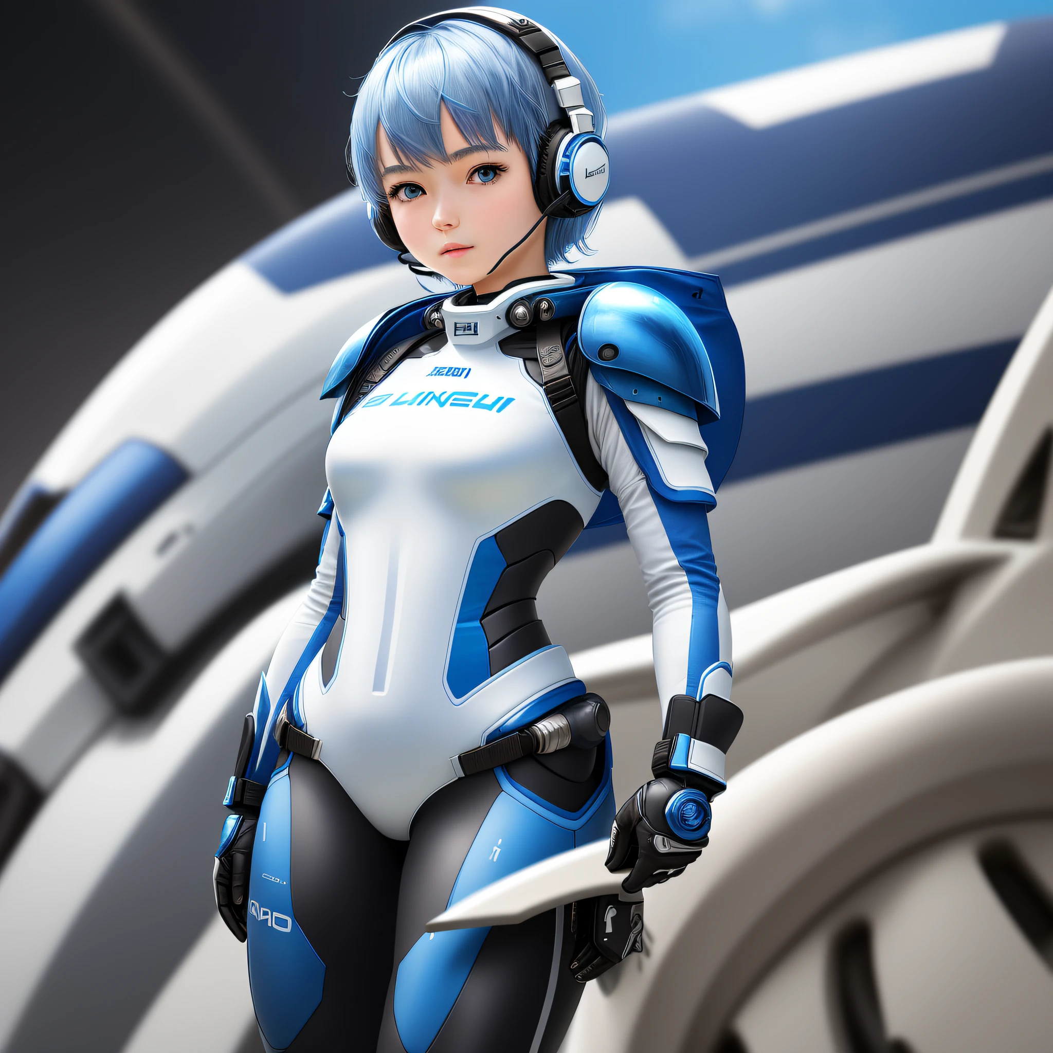 (masterpiece, highest quality, highest resolution, distinct_image, detailed details): (Solo, 1 girl, Japan face, girl with short blue hair, full body figure, small breasts, sparkling blue colored eyes, pilot suit in white and blue, black color pilot suit, tight fit clothes, clothes covering the whole body, beauty, slim body, exoskeleton, dynamic poses, headset, white and blue metal armor )