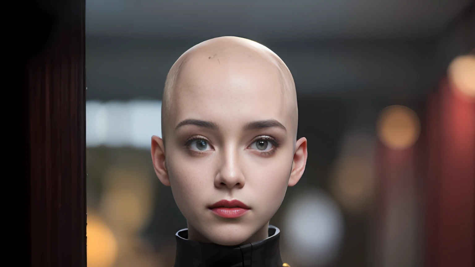 girl,(no_hair:1),bald_head,bald_head,bald girl,No sideburns,(closed_mouth:1.3,red lips, 8k,masterpiece,best quality,artbook,game_cg,wallpaper,85mm,depth of field,8k,ultra sharpness, rtx, octane, (no_light:1), (No shadows:0.5), Floodlighting, urple eyes, glowing eyes, parted lips, (8k, RAW photos, best quality, masterpieces: 1.2), (realistic, photorealistic: 1.3), ultra-detailed, extremely detailed CG 8k wallpapers, (crystal texture skin: 1.2), (extremely delicate and beautiful),
LH Yellow Dress, 1 Girl, Solo Exhibition, Chinese Costume,
Looking at the audience, indoors,