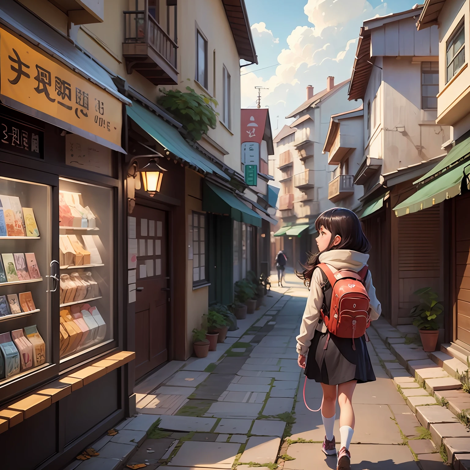 there is a girl walking with a dog on a path, adorable digital painting, childrens art in artstation, artwork in the style of guweiz, cute detailed digital art, atey ghailan 8 k, adventure hyper realistic render, by Leng Mei, realistic anime 3 d style, female explorer mini cute girl, cute digital art, realistic cute girl painting --auto --s2