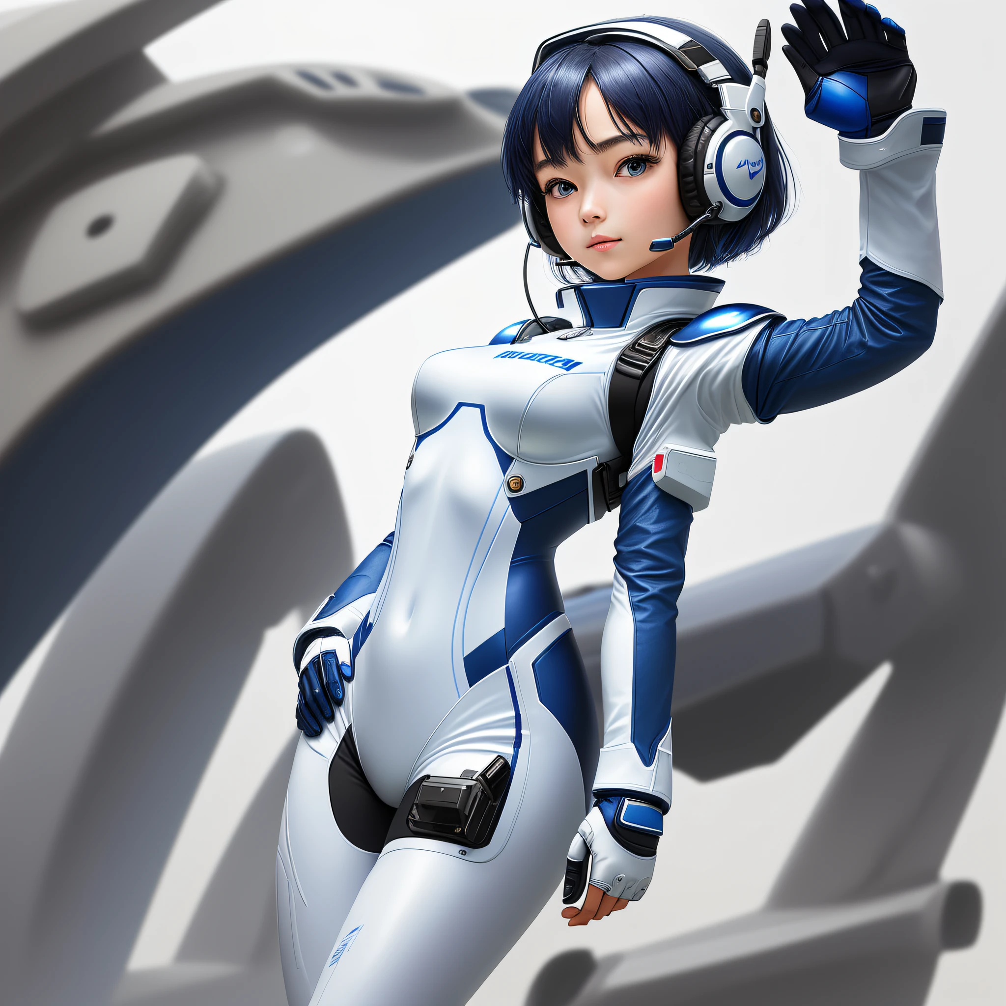 (masterpiece, highest quality, highest resolution, distinct_image, detailed details): (Solo, 1 girl, Japan face, girl with short blue hair, full body figure, small breasts, sparkling blue colored eyes, pilot suit in white and blue, black color pilot suit, tight fit clothes, clothes covering the whole body, beauty, slim body, exoskeleton, dynamic poses, headset, white and blue metal armor )