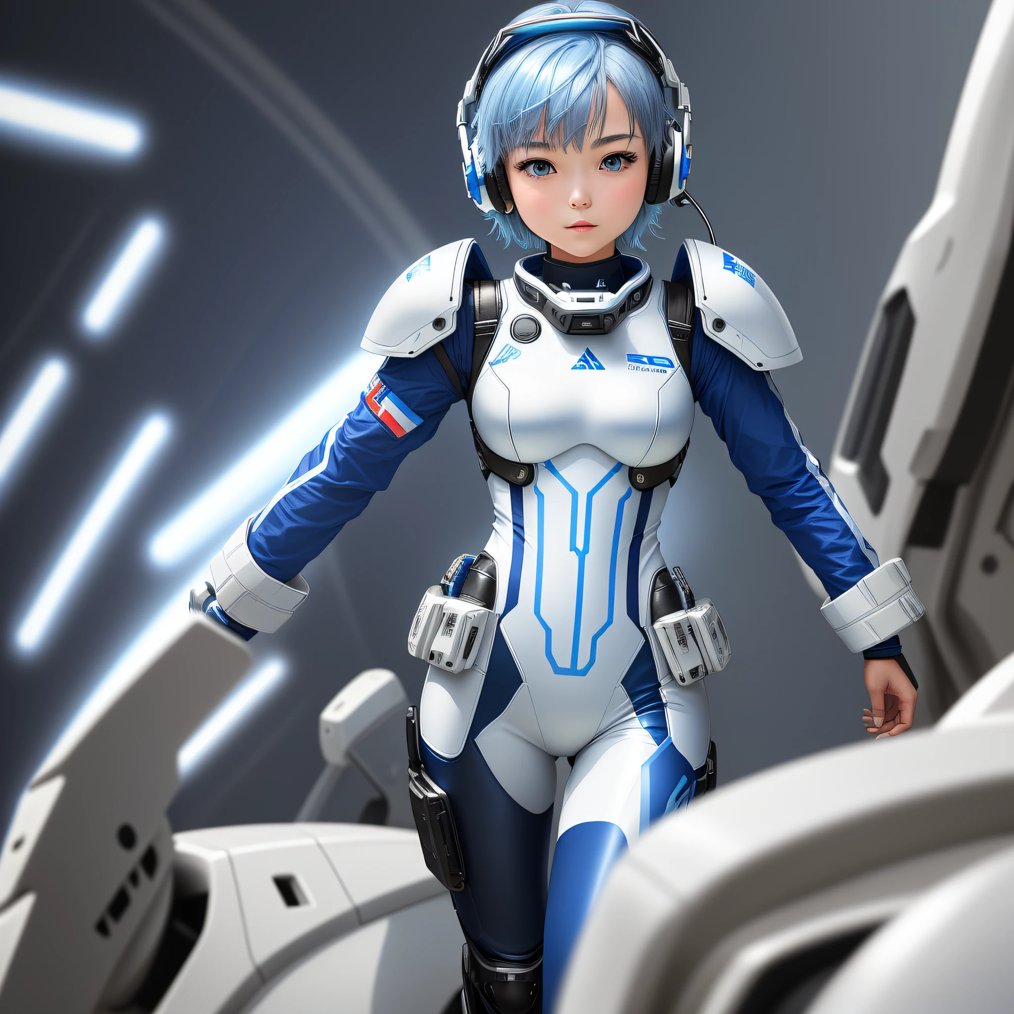 (masterpiece, highest quality, highest resolution, distinct_image, detailed details): (Solo, 1 girl, Japan face, girl with short blue hair, full body figure, small breasts, sparkling blue colored eyes, pilot suit in white and blue, black color pilot suit, tight fit clothes, clothes covering the whole body, beauty, slim body, exoskeleton, dynamic poses, headset, white and blue metal armor )