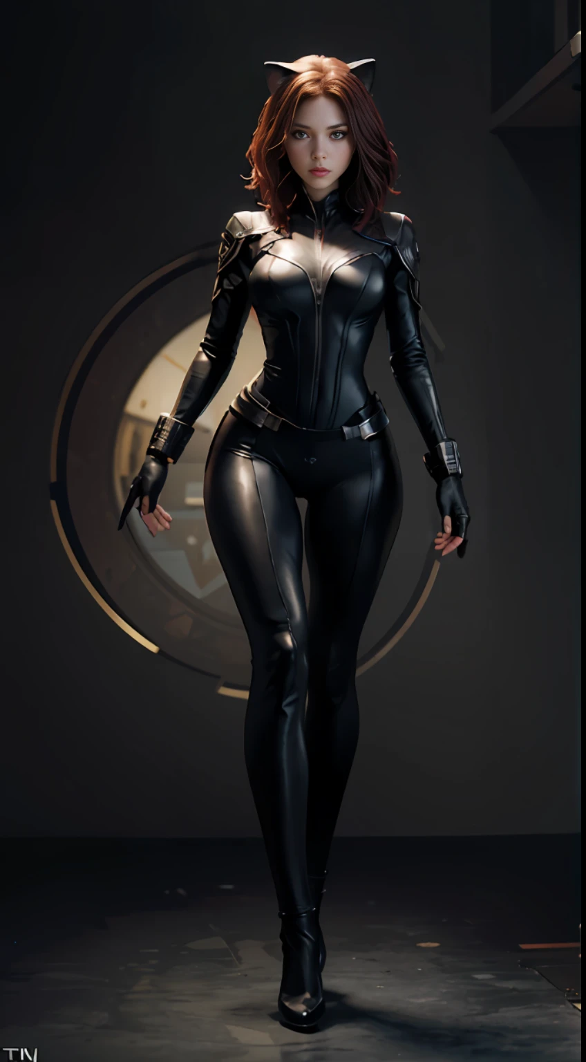 Full body front view visible on feet: 1.5, Headlights: 1.5, A standing character: 1.2, highly creative illustration depicting a mixture of DC Horngirl and Marvel character Black Widow, black metal cat ears, white background, illustration, in artgerm style, highly detailed suit, red and black, symmetrical asymmetry, heavy shadow, thin waist, thin legs, thin gap, cameltoe, jan weenix, (ultra-detailed))), ((best quality)) , ((((Masterpiece))), High Resolution, 8K, Anatomically Correct, Ultra HD