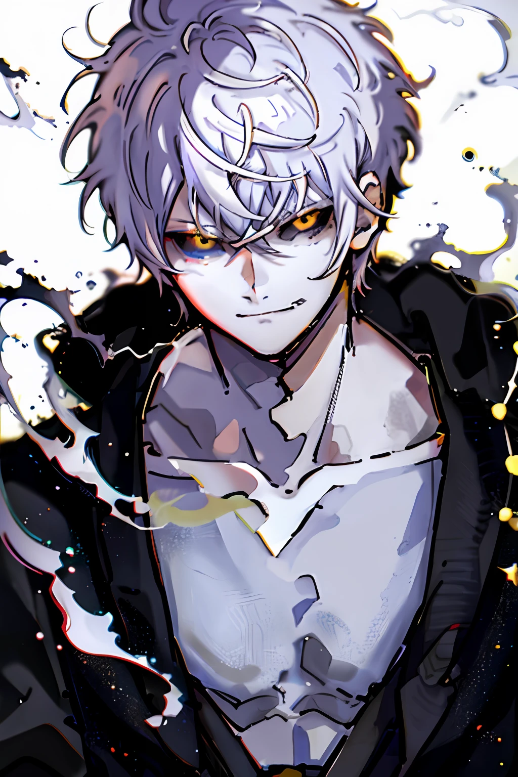 1boy, black sclera, closed mouth, collarbone, colored sclera, grayscale, japanese clothing, looking at the viewer, male focus, monochrome, short hair, smirk, solo, spiked hair, spot color, white hair, upper body, yellow eyes