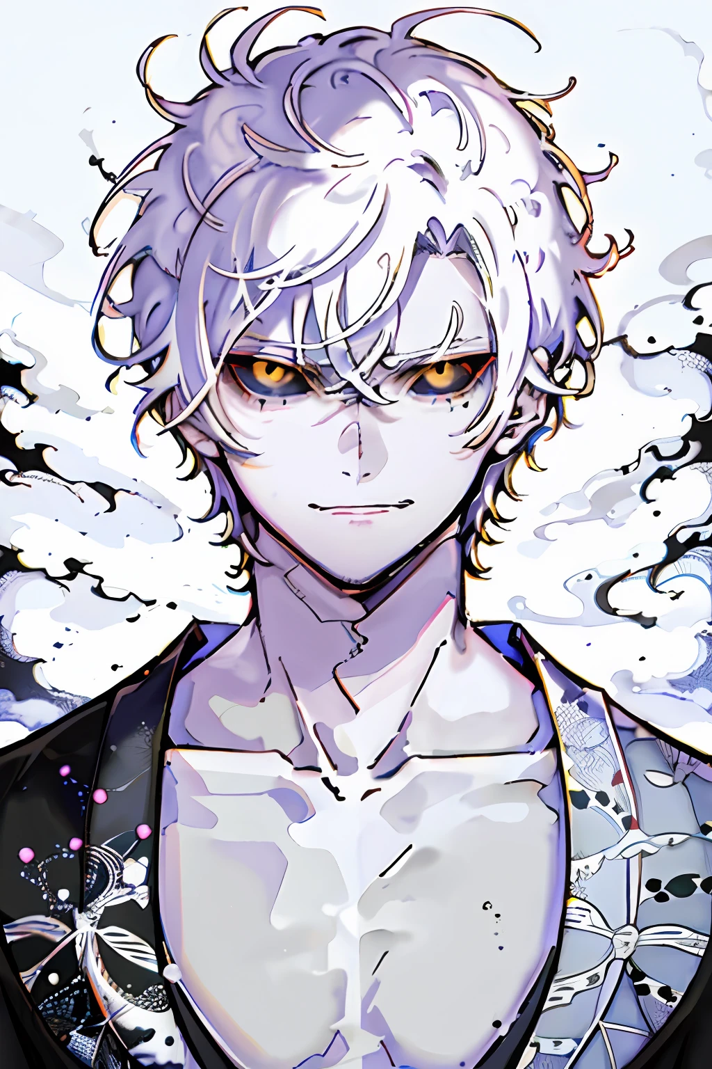 1boy, black sclera, closed mouth, collarbone, colored sclera, grayscale, japanese clothing, looking at the viewer, male focus, monochrome, short hair, smirk, solo, spiked hair, spot color, white hair, upper body, yellow eyes