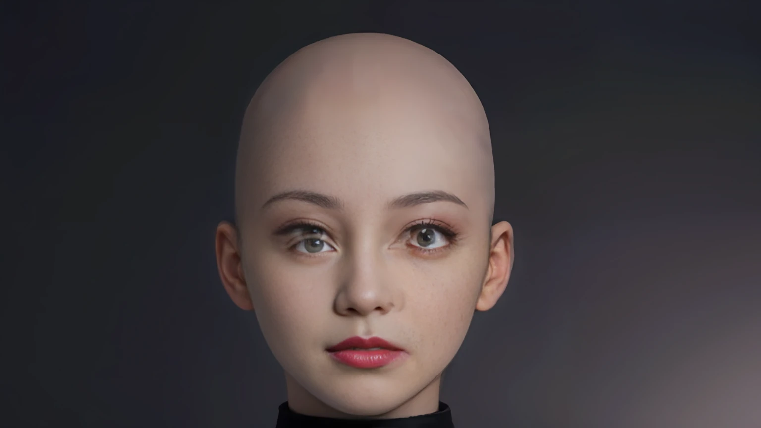 girl,(no_hair:1),bald_head,bald_head,bald girl,No sideburns,(closed_mouth:1.3,red lips, 8k,masterpiece,best quality,artbook,game_cg,wallpaper,85mm,depth of field,8k,ultra sharpness,rtx,octane,(no_light:1),(No shadows:0.5), Floodlighting,urple eyes, glowing eyes, parted lips,