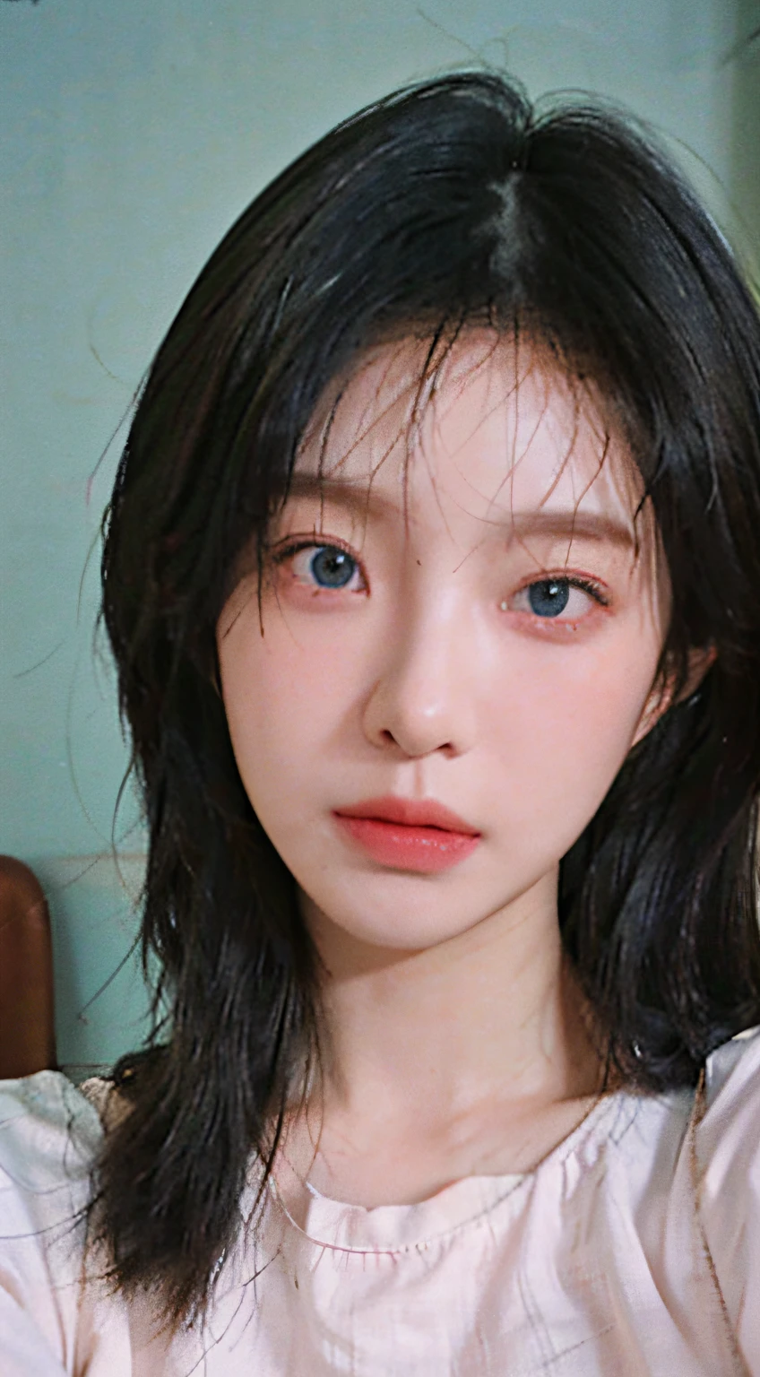 8K, Best Quality, Masterpiece, Ultra High Resolution, (Realism: 1.4), Original Photo, (Real Skin Texture: 1.3), (Film Grain: 1.3), (Selfie Angle), 1 Girl, Blue Hair, Beautiful Emerald Eyes and Delicate Facial Details, Pink Clothes, Masterpiece, Best Quality, Close Up, Upper Body, Looking Down Slightly Below