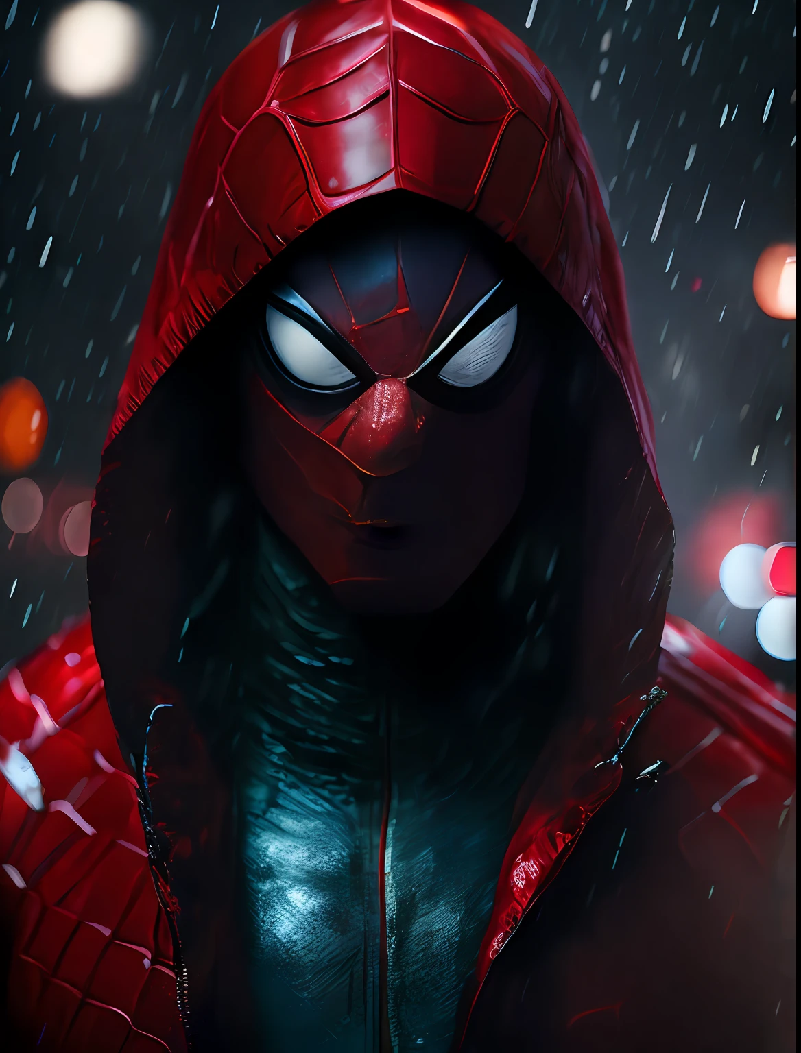 Spiderman with red coat with capus in a rainy setting with dramatic lighting