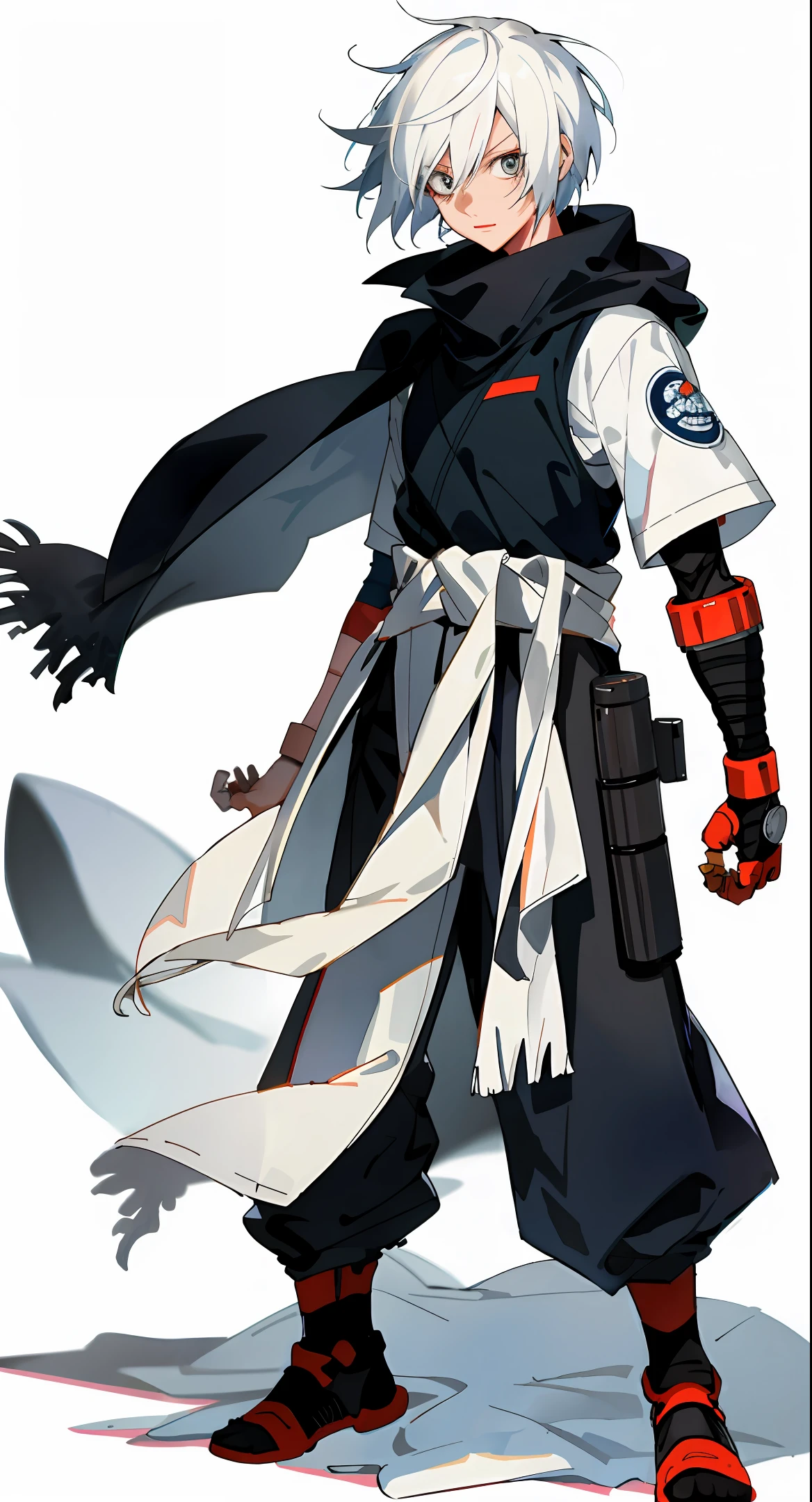 Shonen drawing of a full-body woman,mature with short white hair,murderous,with a blanket around the waist,a prosthetic arm