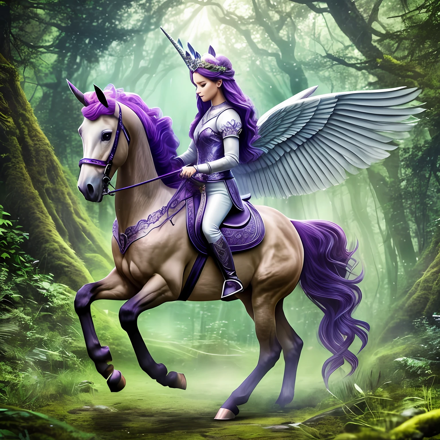 a magical clearing where a mystical being, a forest spirit, horse with wing, unicorno, realistic, enchanted animals --auto --s2