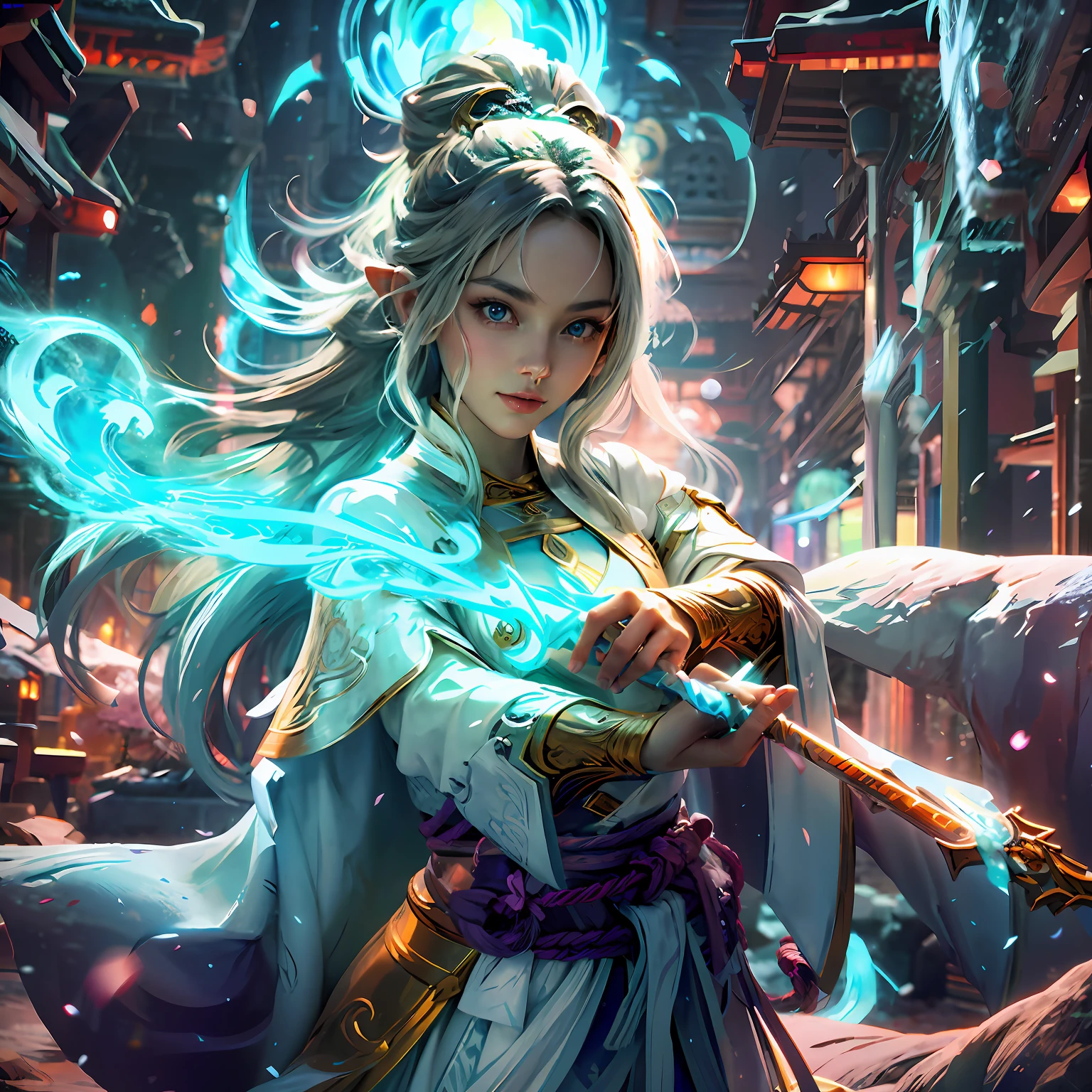 Drawing the sword of the snow mountain, the sword with the cold ice flame of the ancient style woman, holding the blue flame burning sword, white clothes dancing sword in the snow long hair flowing, holding a silver long sword beautiful woman, wearing jade jewelry, her face is full of confident smiles, she is suspended in the clouds like a fairy, behind her is a layer of mountains --auto --s2