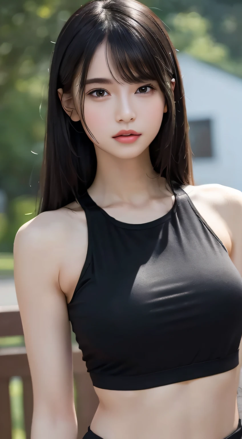 ((Best Quality, 8k, Masterpiece: 1.3)), Full Body, Focus Clear: 1.2, Outstanding Style: 1.4, Slender Abs: 1.2, ((Black Hair, Big: 1.2)), Black Tank Top, Highly Detailed Face and Skin Texture, Detailed Eyes, Double Eyelids