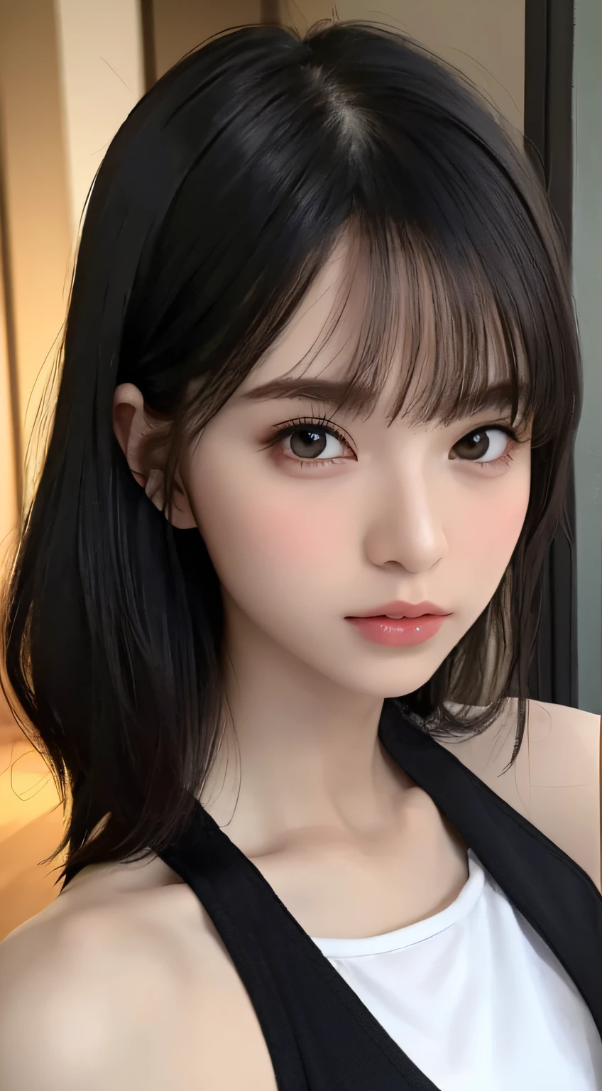((Best Quality, 8k, Masterpiece: 1.3)), Full Body, Focus Clear: 1.2, Outstanding Style: 1.4, Slender Abs: 1.2, ((Black Hair, Big: 1.2)), Black Tank Top, Highly Detailed Face and Skin Texture, Detailed Eyes, Double Eyelids
