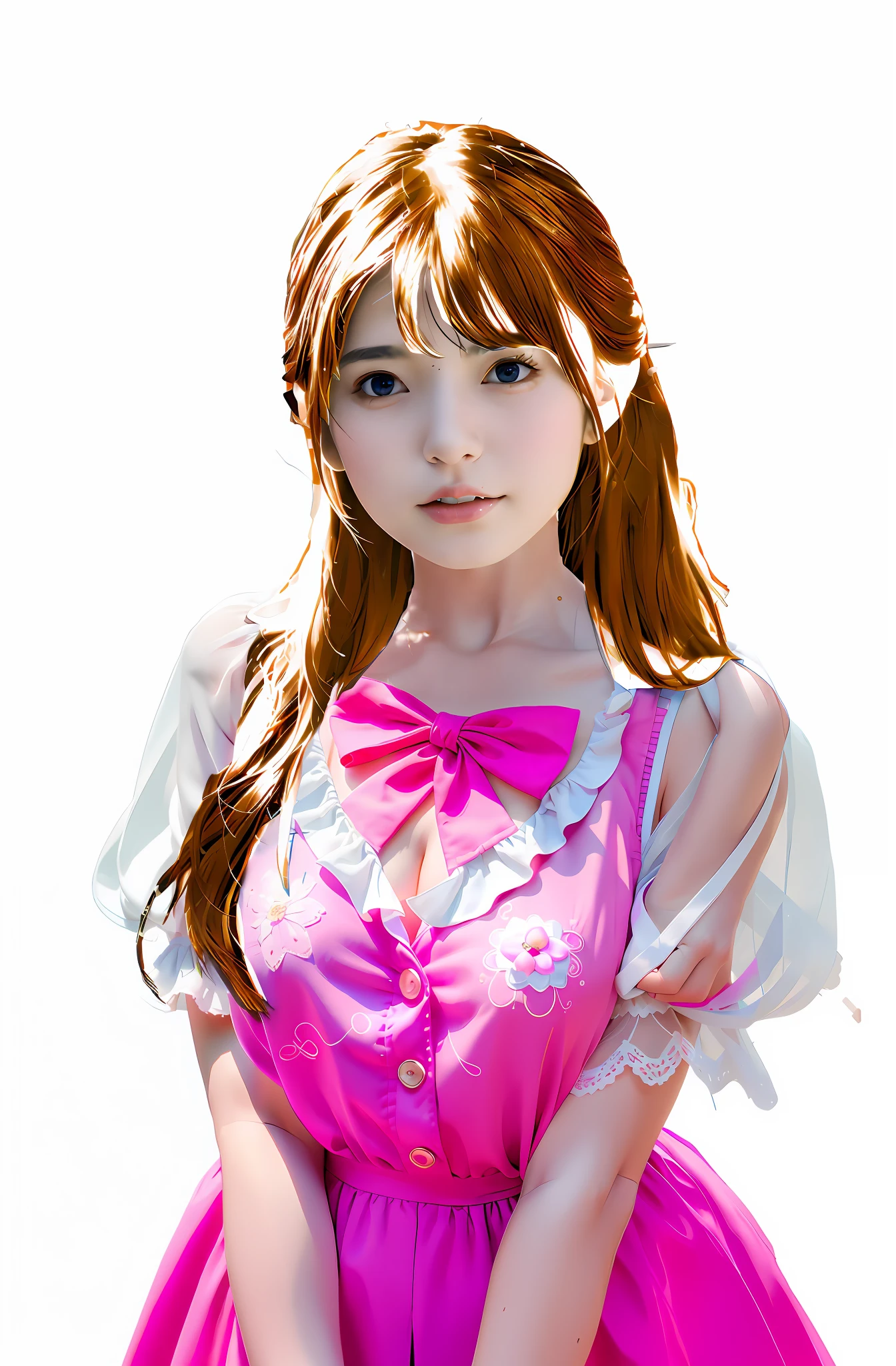 there is a woman in a pink dress posing for a picture, photorealistic anime girl render, anime girl in real life, render of april, made with anime painter studio, anime girl cosplay, gorgeous maid, realistic young anime girl, sakura kinomoto, kawaii realistic portrait, hyper realistic anime, photorealistic anime, 3 d anime realistic