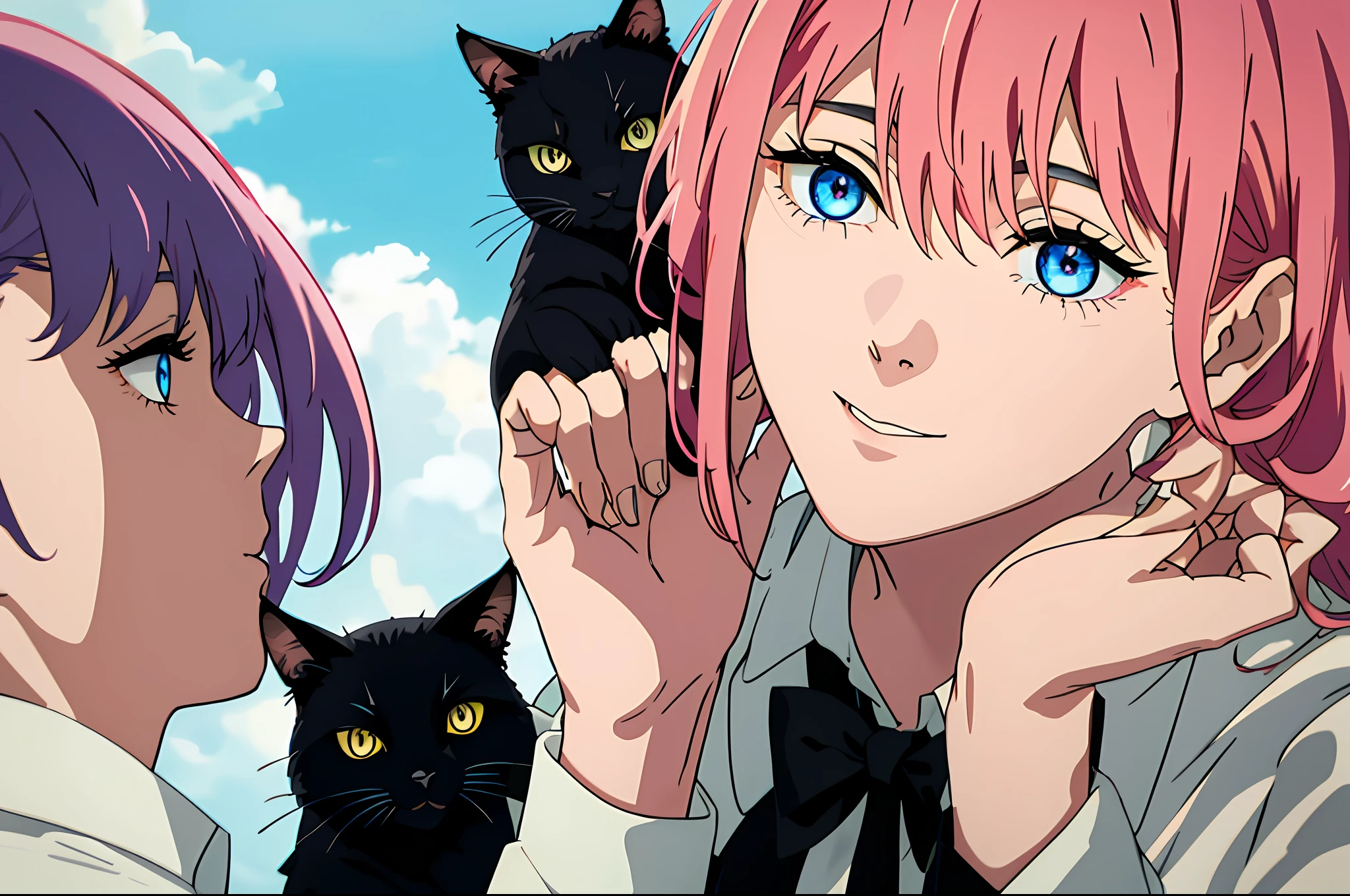 Black cat with pink hair and blue eyes