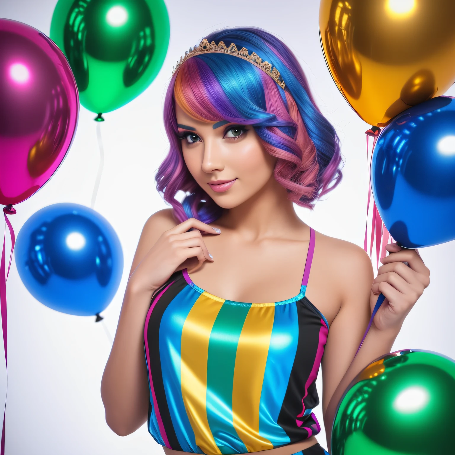 ung beauty Italin woman with foil balloons for 18 birthday, full body, wearing a colourful t-shirt, colourful legings, colourful hair (photo, studio lighting, hard light, sony a7, 550 mm, hyperrealistic, big depth of field, matte skin, pores, wrinkles, concept art, colors, hyperdetailed) HDR, 4k, imax camera