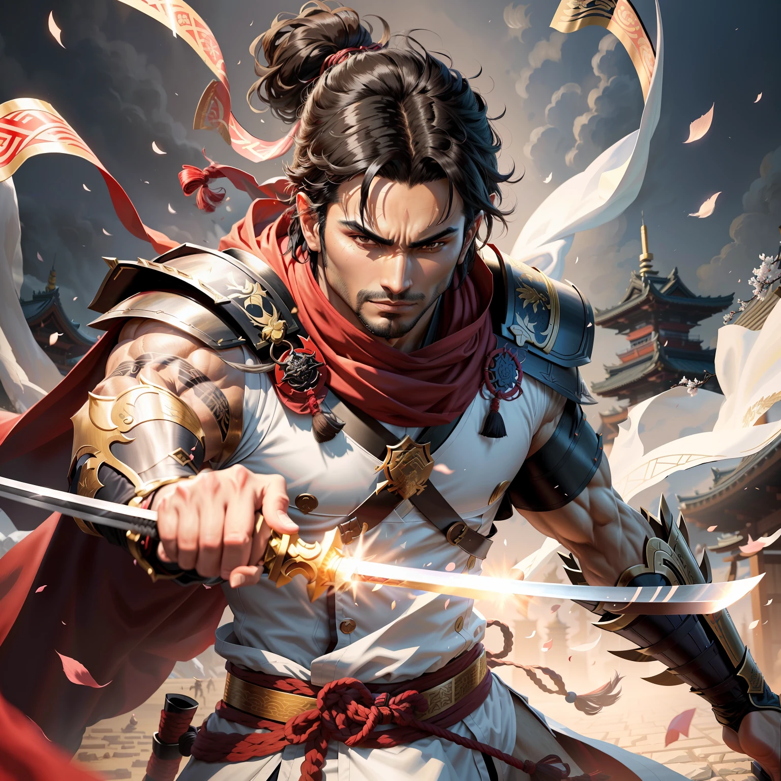 Arash, the Swordsman of the Thousand Armies Based on: The historical figure of Miyamoto Musashi. Physical Characteristics and Dress: Arash is a haughty warrior with black hair tied in a bun. He wears elegant samurai armor and a red cape with gold embroidery. In his hands, he wields two twin swords, bright and sharp as the full moon. Powers: Arash is a master of martial arts, with an unparalleled skill in combat. He possesses extraordinary dexterity and is able to perform fast and precise movements. In addition, he possesses a keen perception and can anticipate the movements of his opponents. His inner strength and concentration are so intense that he can manifest the energy of his swords in powerful blows. Setting: Arash lives in feudal Japan, where honor and the samurai code are the foundation of his society. Its environment consists of lush landscapes, with fields of cherry blossoms and majestic temples. He is a lone ronin, traveling from place to place, protecting the defenseless and challenging the most skilled opponents. Dynamic pose, ultra detailed, 8K, 4K, high resolution, perfectly drawn, extremely detailed, animated pose, cinematic light, cinematic shadow, perfectly drawn hands, detailed face, detailed background, rich background image of details.